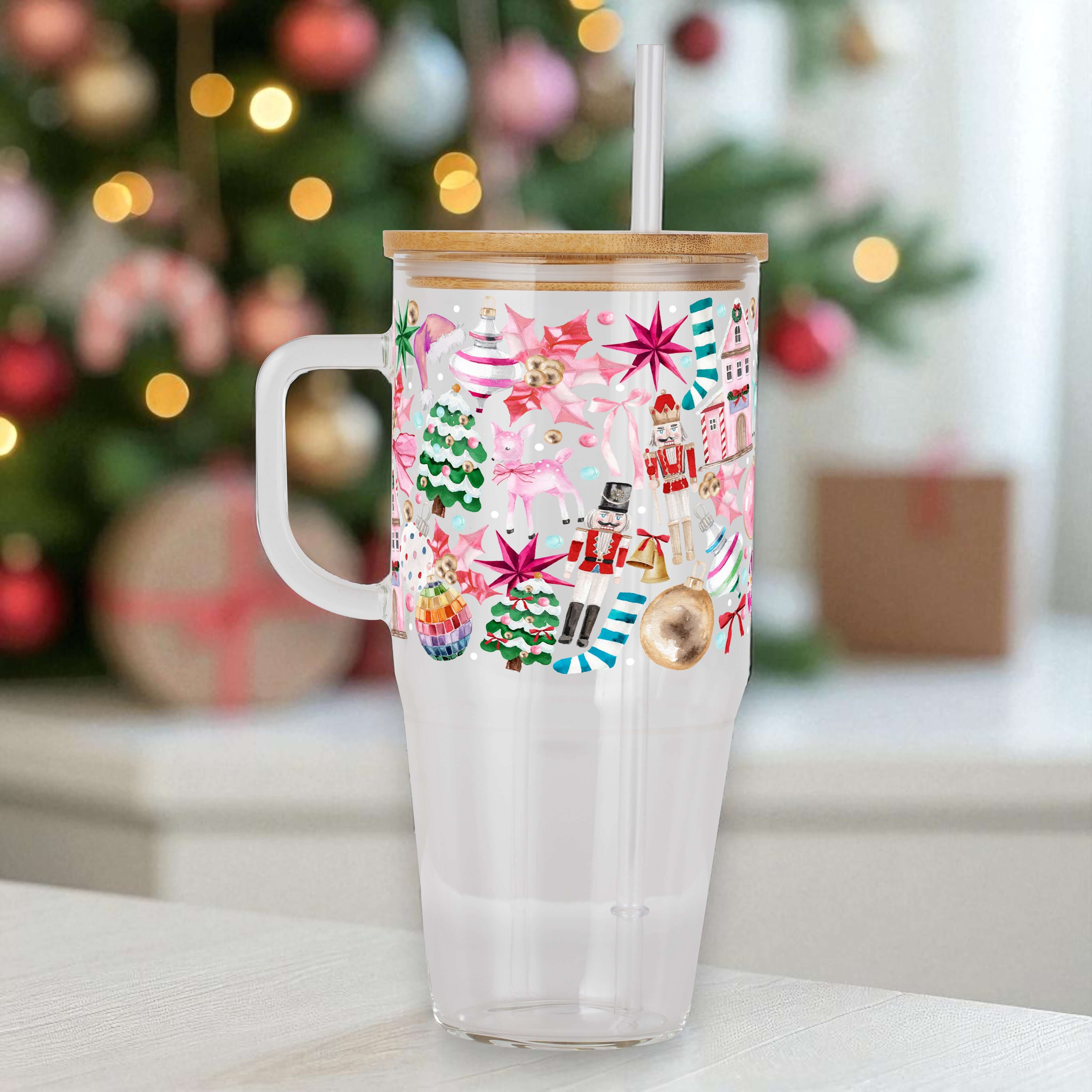 Whimsical Christmas Tumbler with Handle Lid & Straw