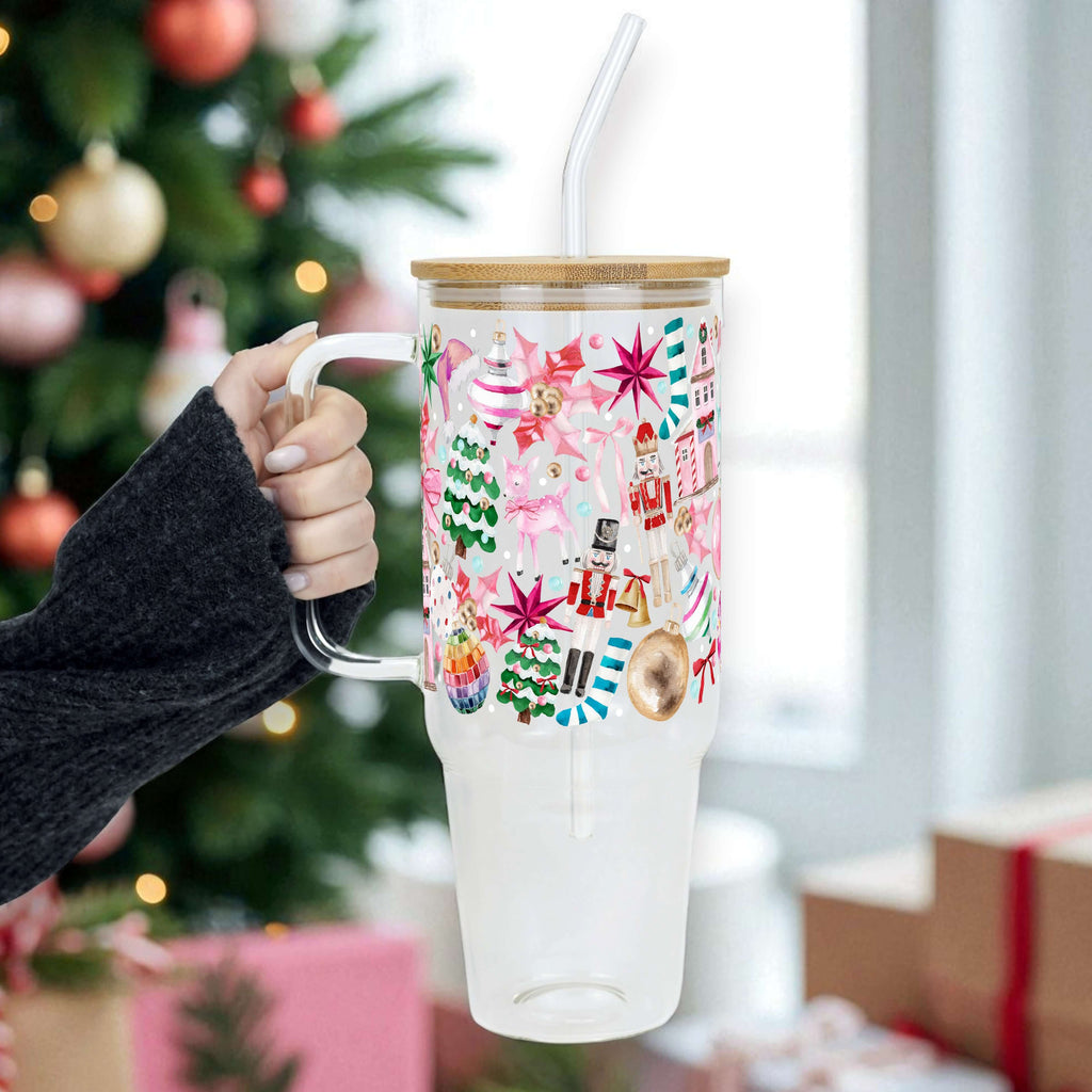 Whimsical Christmas Tumbler with Handle Lid & Straw