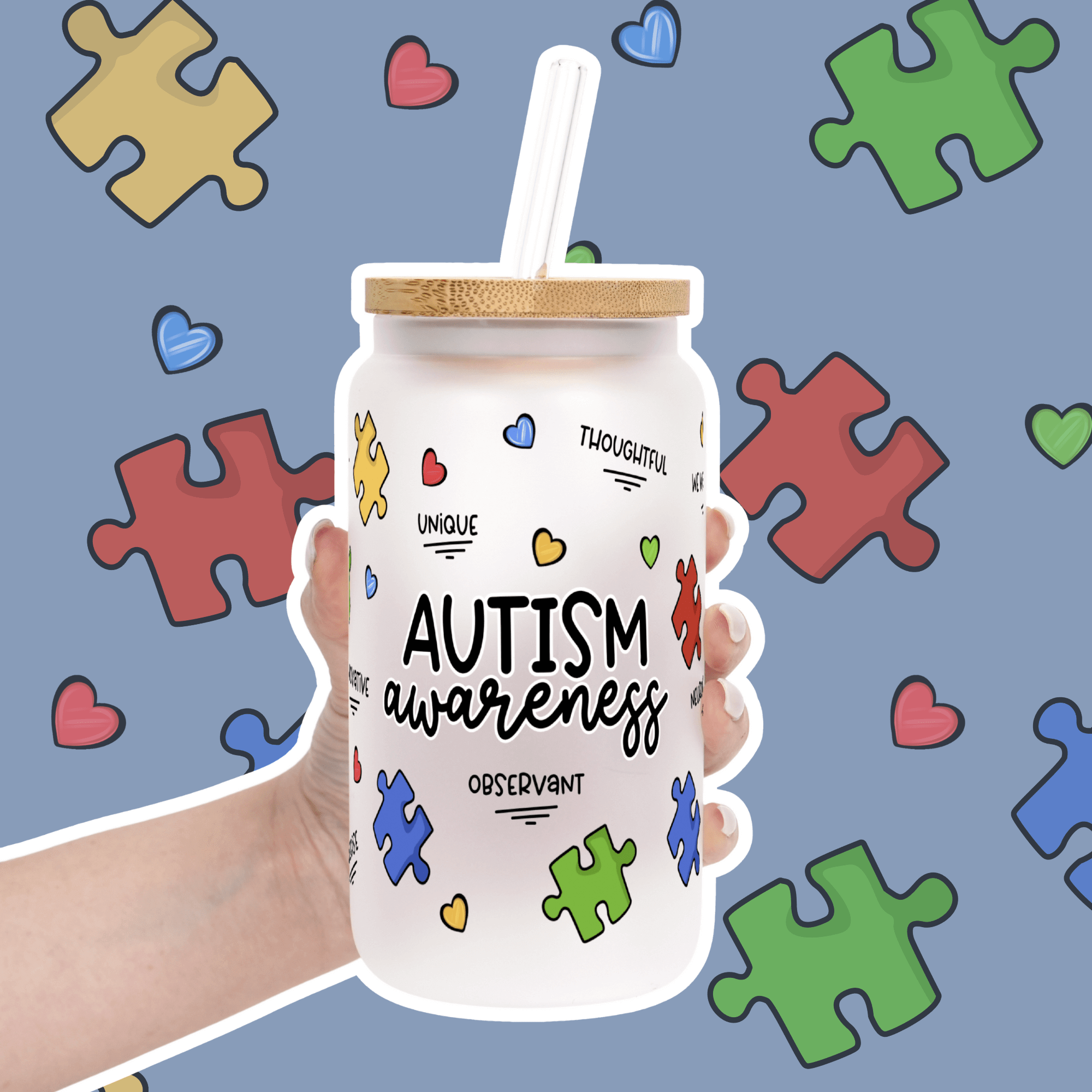 Autism Awareness Puzzle Piece Cup with Lid and Straw