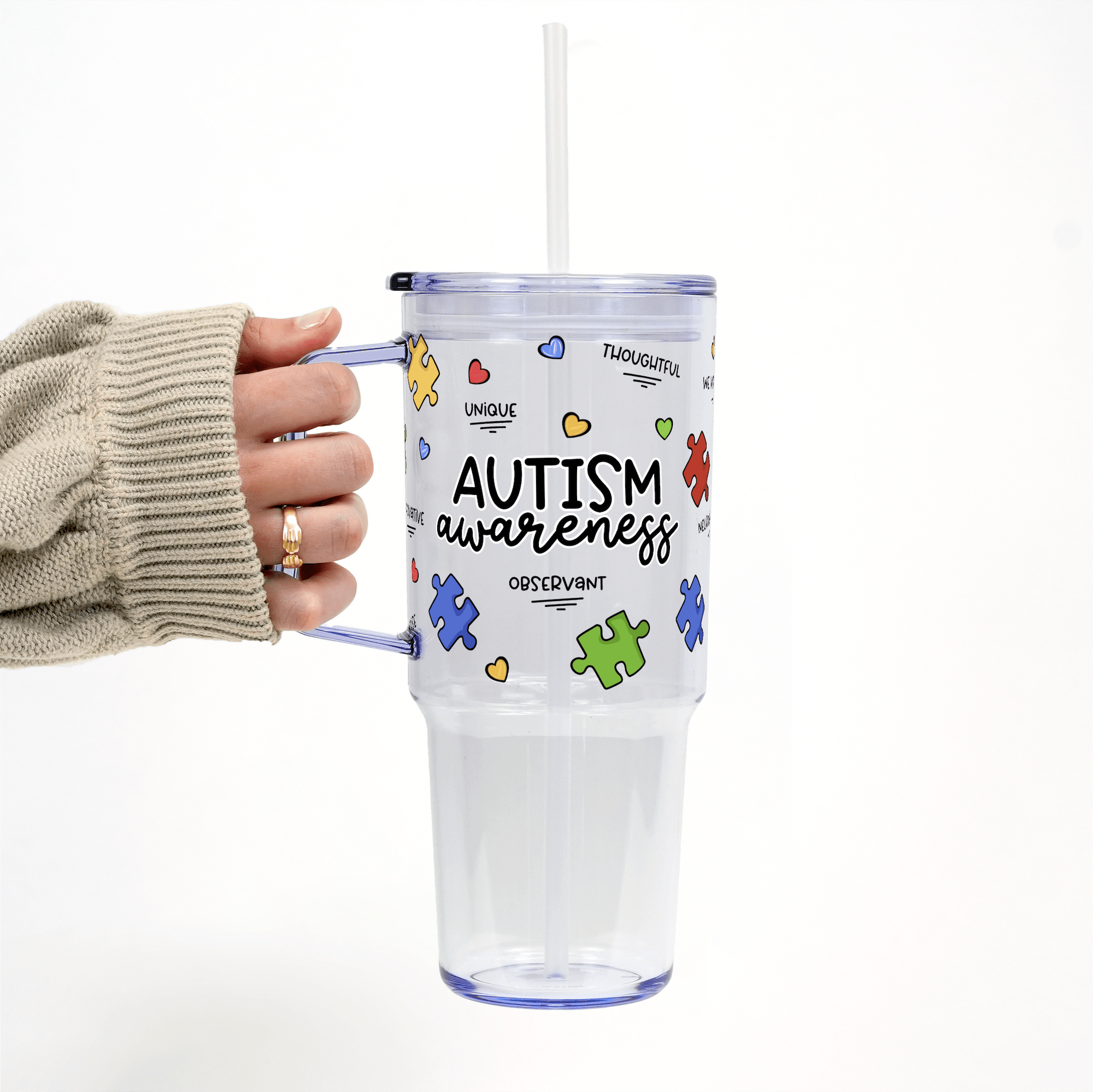 Autism Awareness Puzzle Piece Tumbler With Lid and Straw