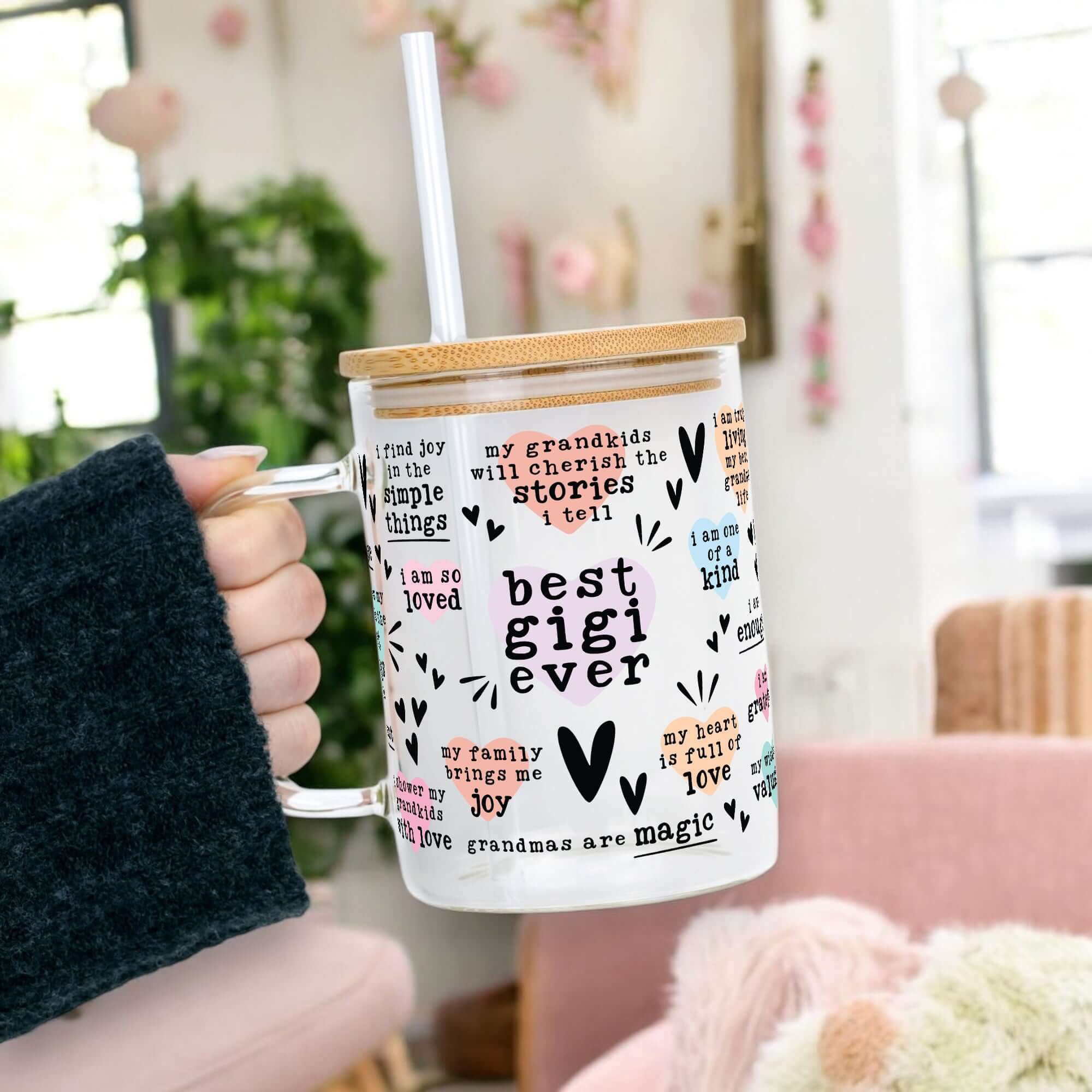 Best Grandma, Gigi, or Nana Ever 17oz Glass Mug With Lid and Straw