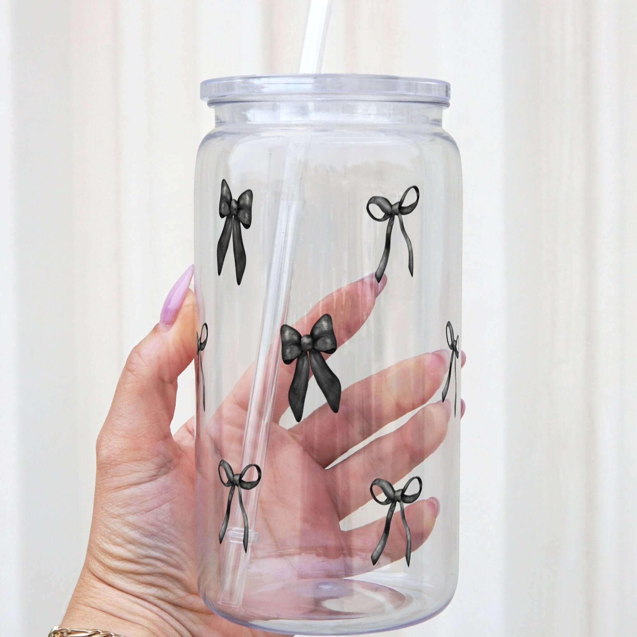 Black Coquette Bows Can Cup With Lid and Straw