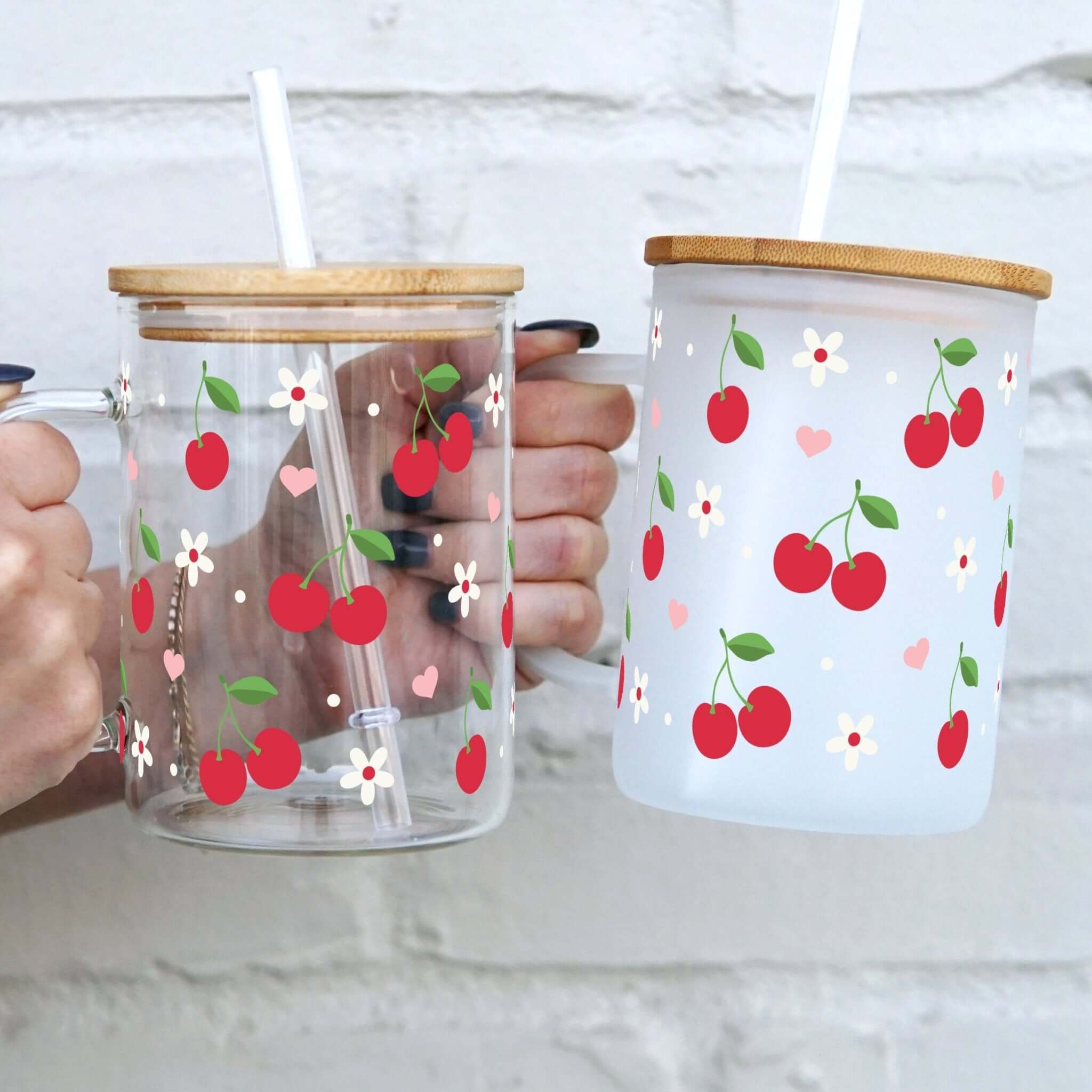 Cherry 17oz Glass Mug With Lid and Straw