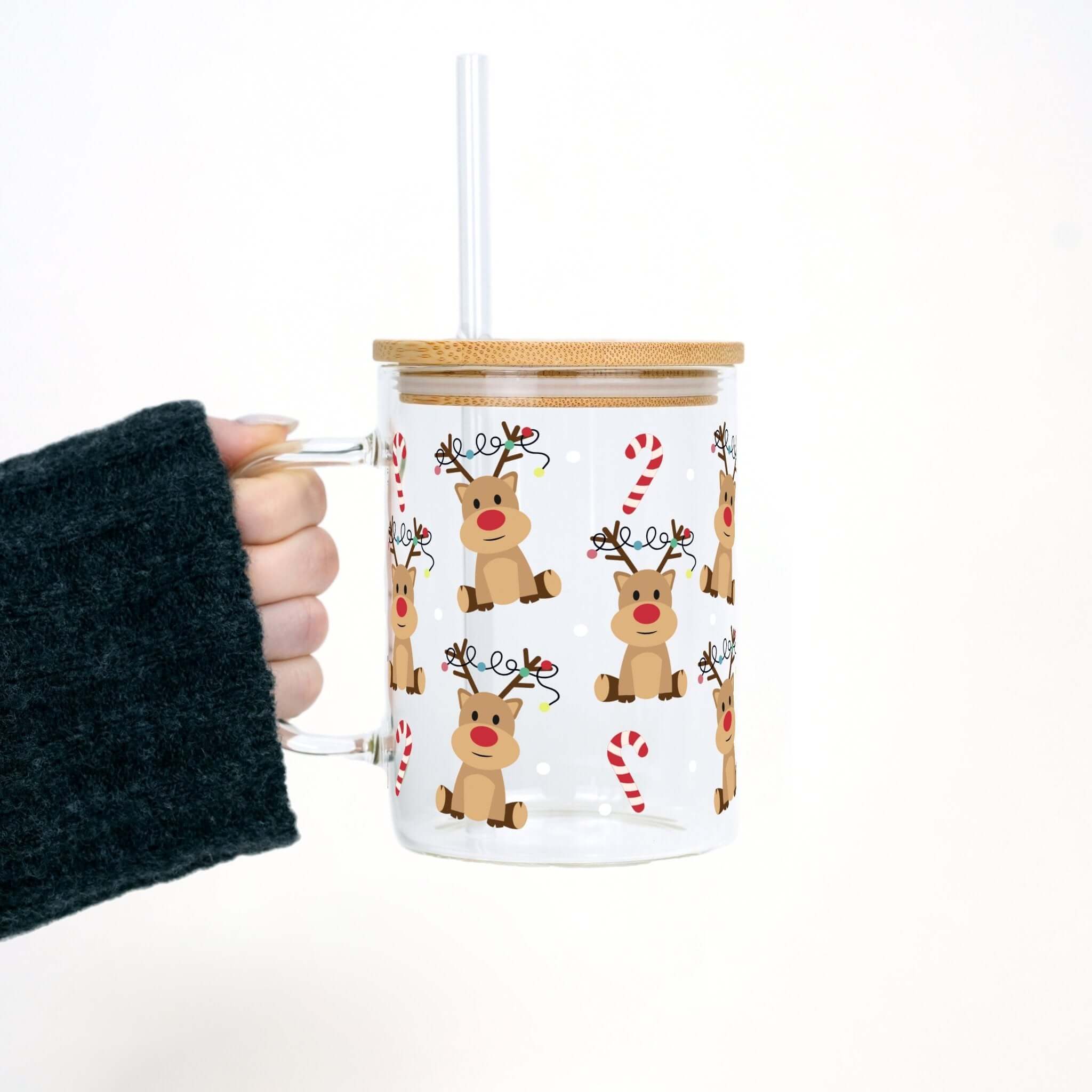 Christmas Deer + Candy Canes 17oz Glass Mug With Lid and Straw
