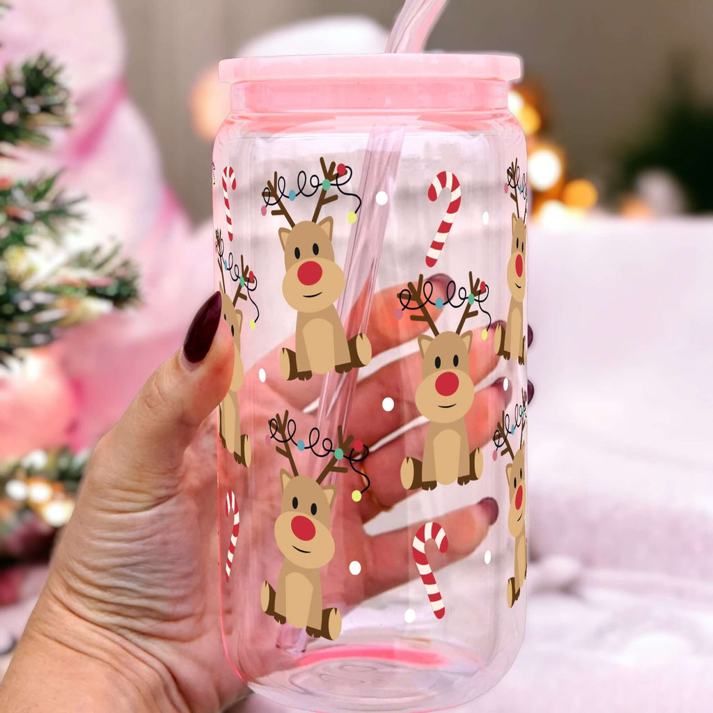 Christmas Deer + Candy Canes Cup With Lid and Straw