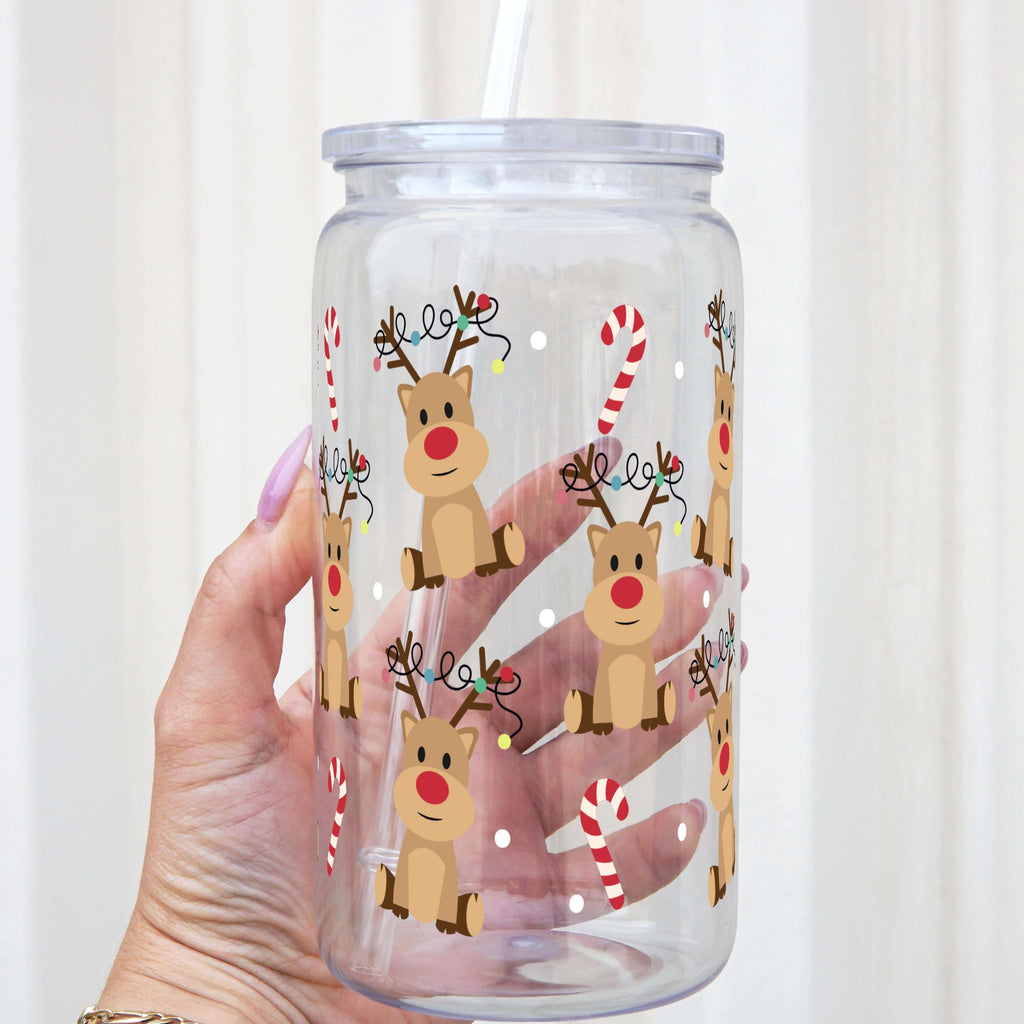 Christmas Deer + Candy Canes Cup With Lid and Straw