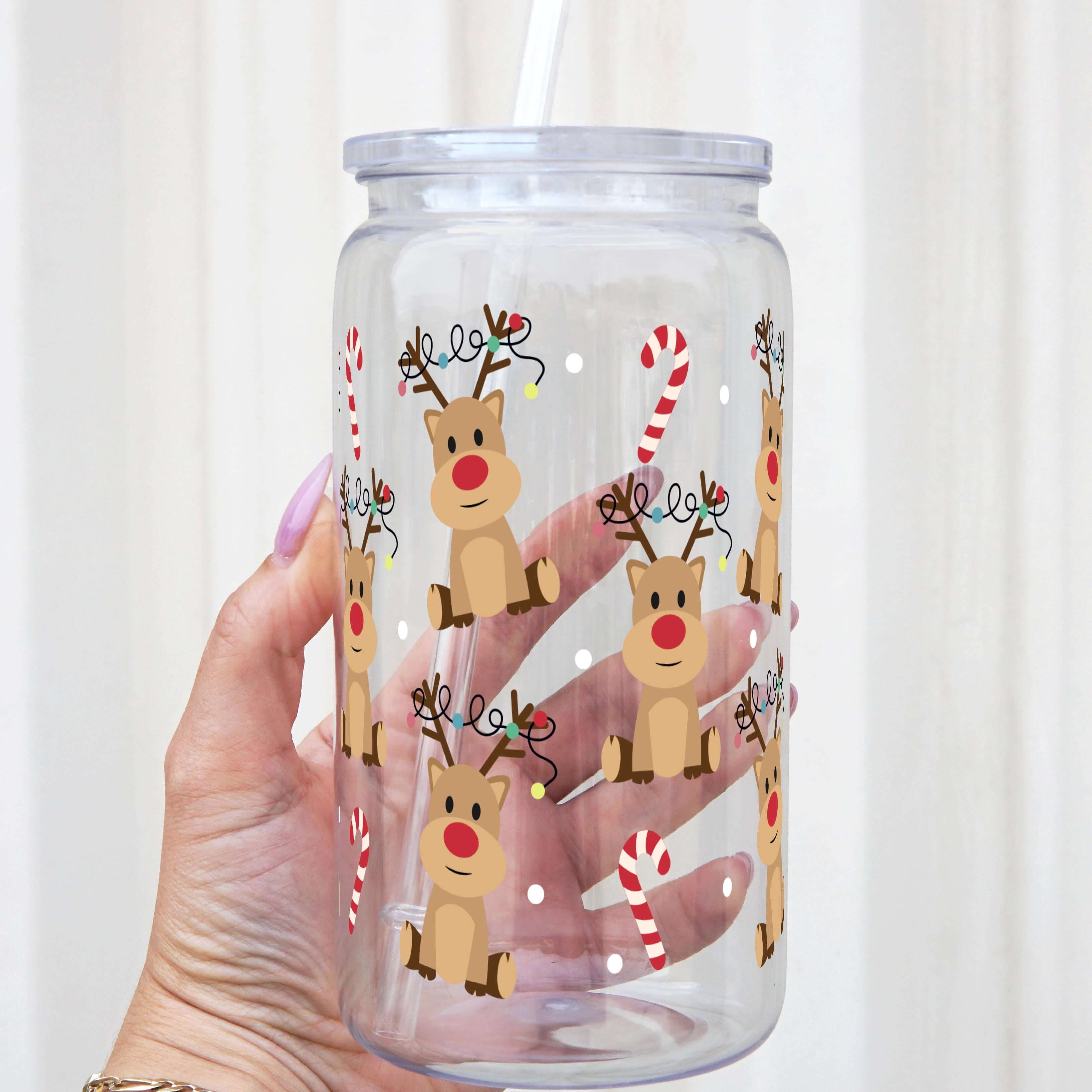 Christmas Deer + Candy Canes Cup With Lid and Straw