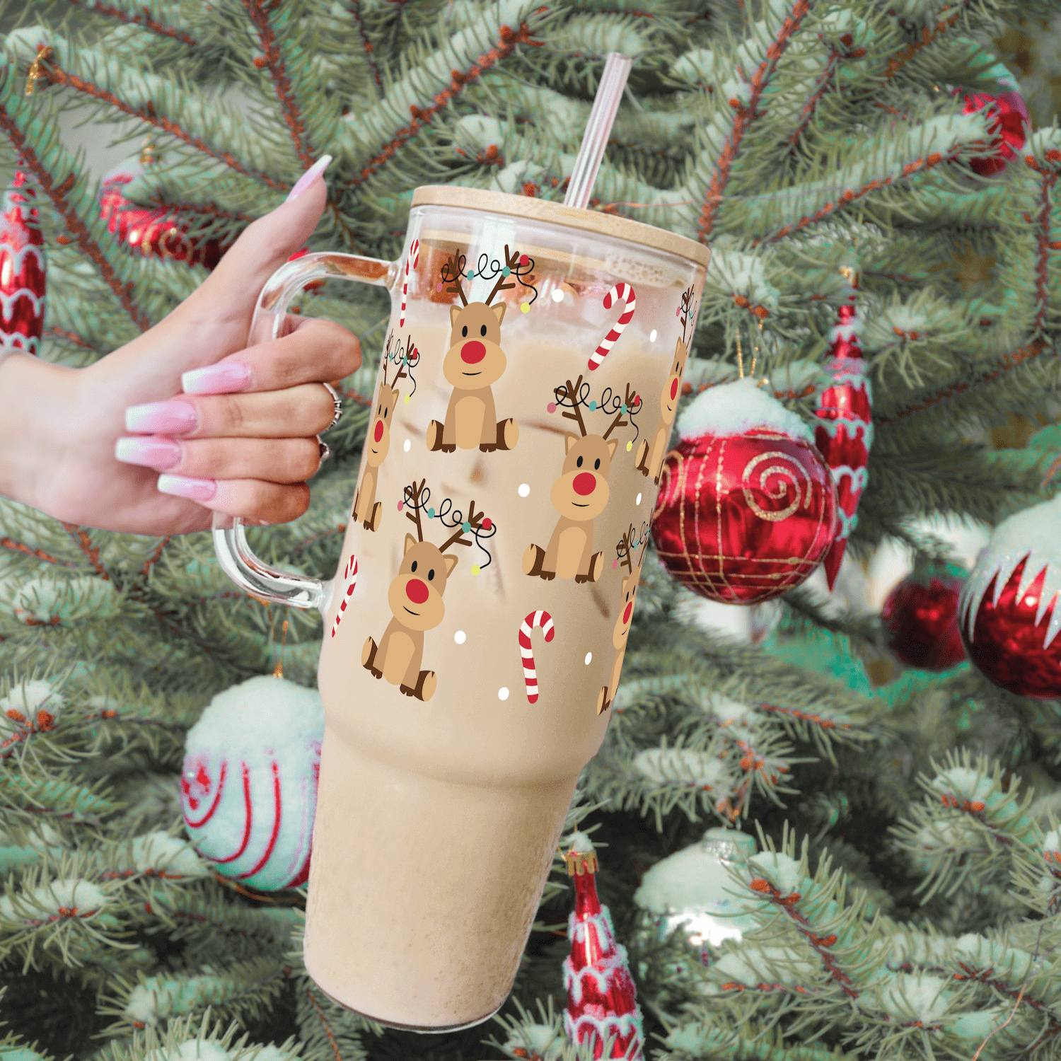 Christmas Deer and Candy Canes Tumbler With Lid and Straw