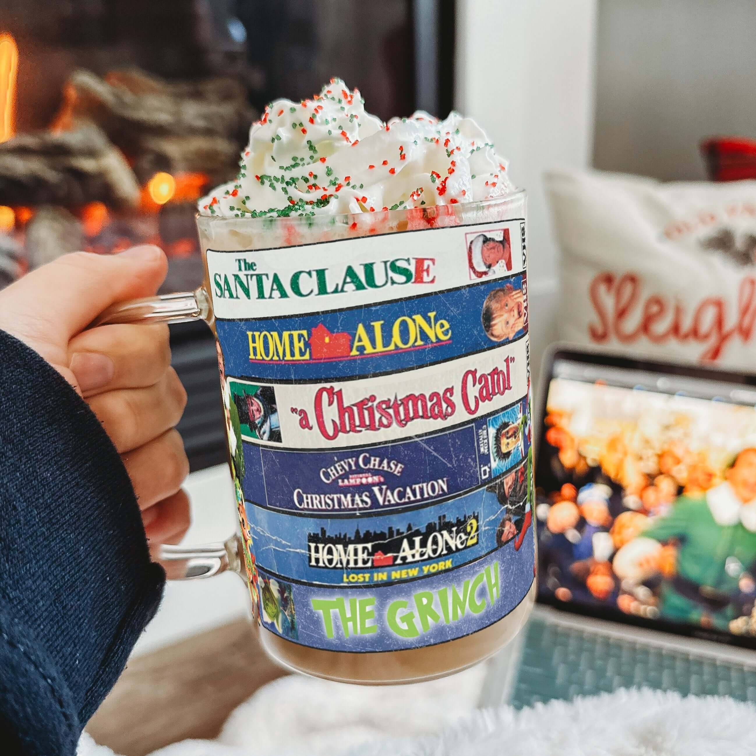 Christmas Movies 17oz Glass Mug With Lid and Straw