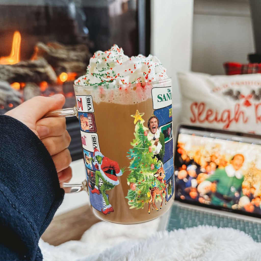 Christmas Movies 17oz Glass Mug With Lid and Straw