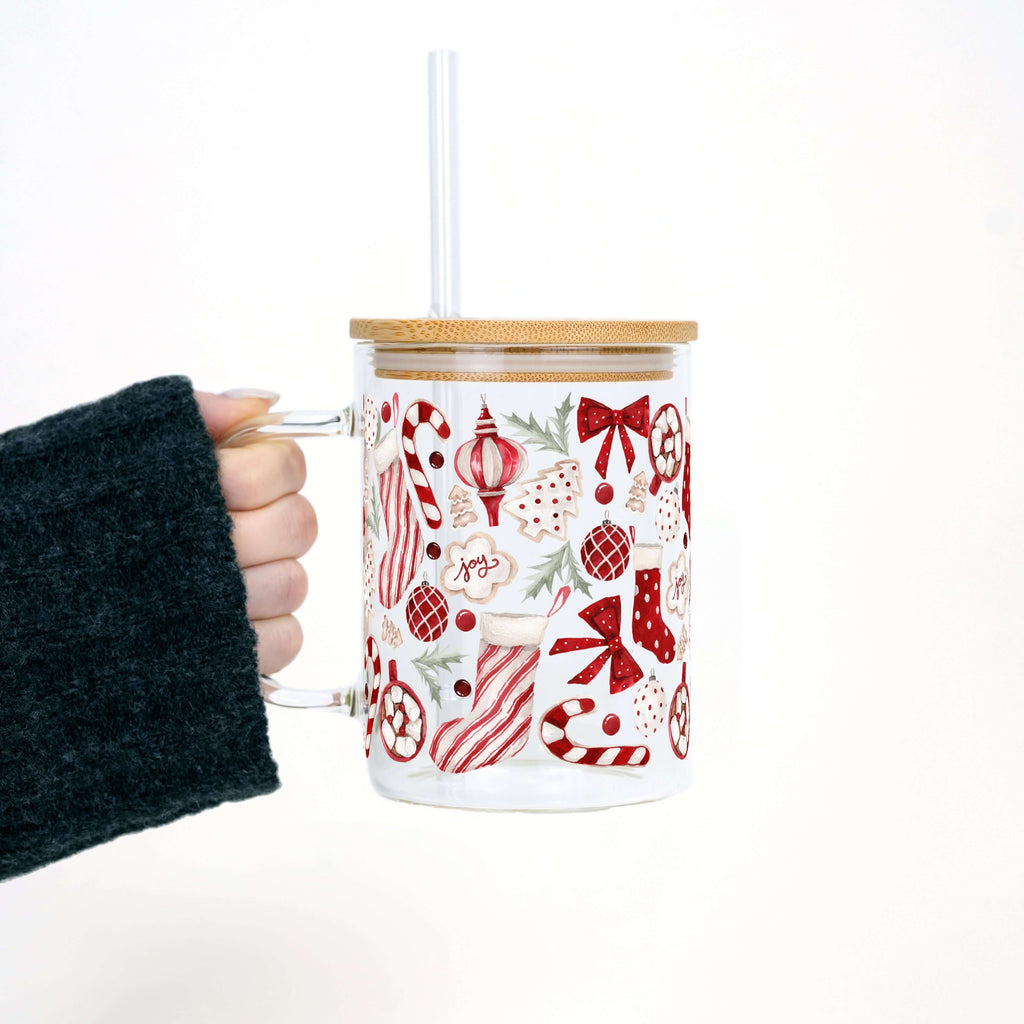 Cozy Christmas Things 17oz Glass Mug With Lid and Straw