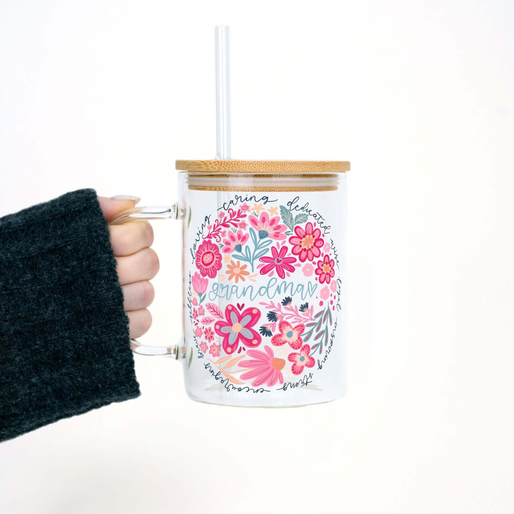 Floral Grandma 17oz Glass Mug With Lid and Straw
