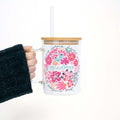 Floral Grandma 17oz Glass Mug With Lid and Straw