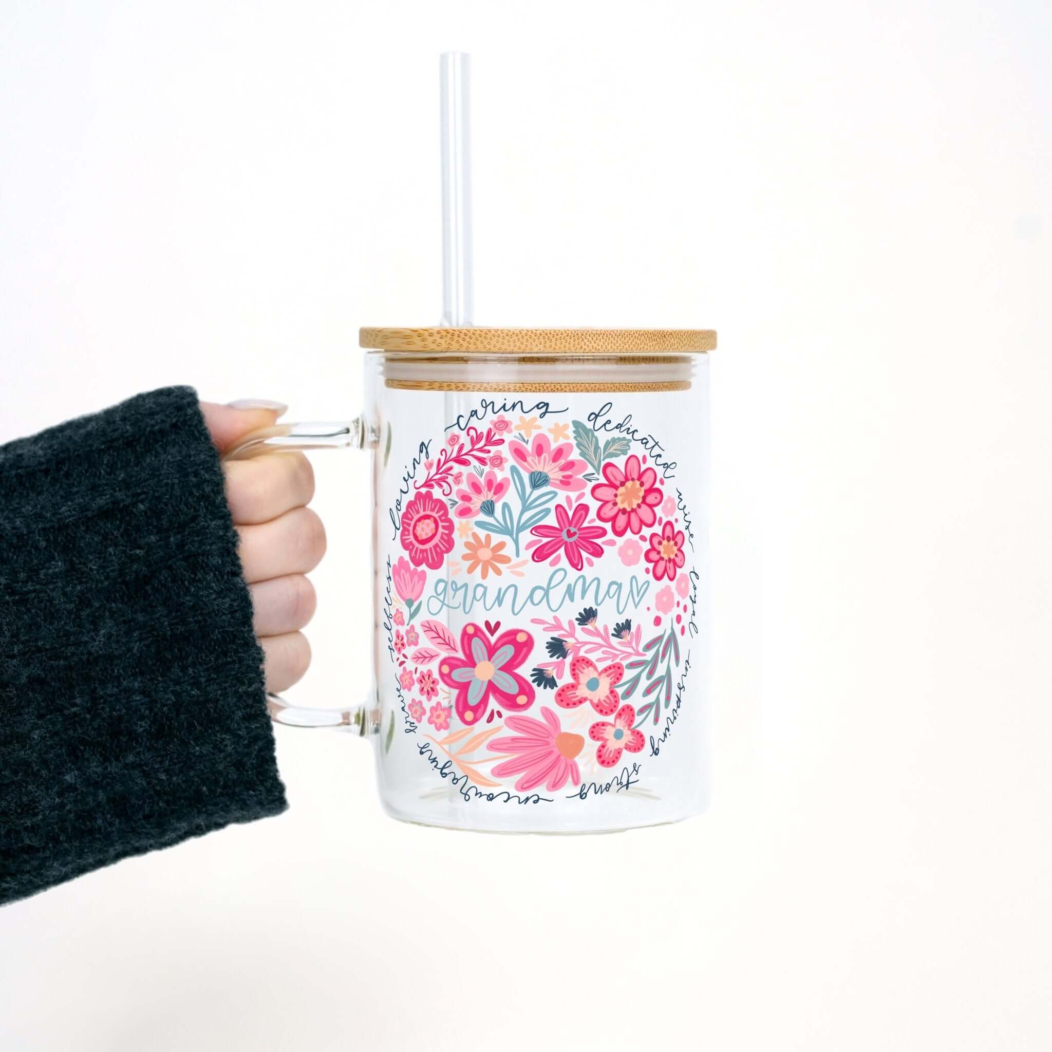 Floral Grandma 17oz Glass Mug With Lid and Straw