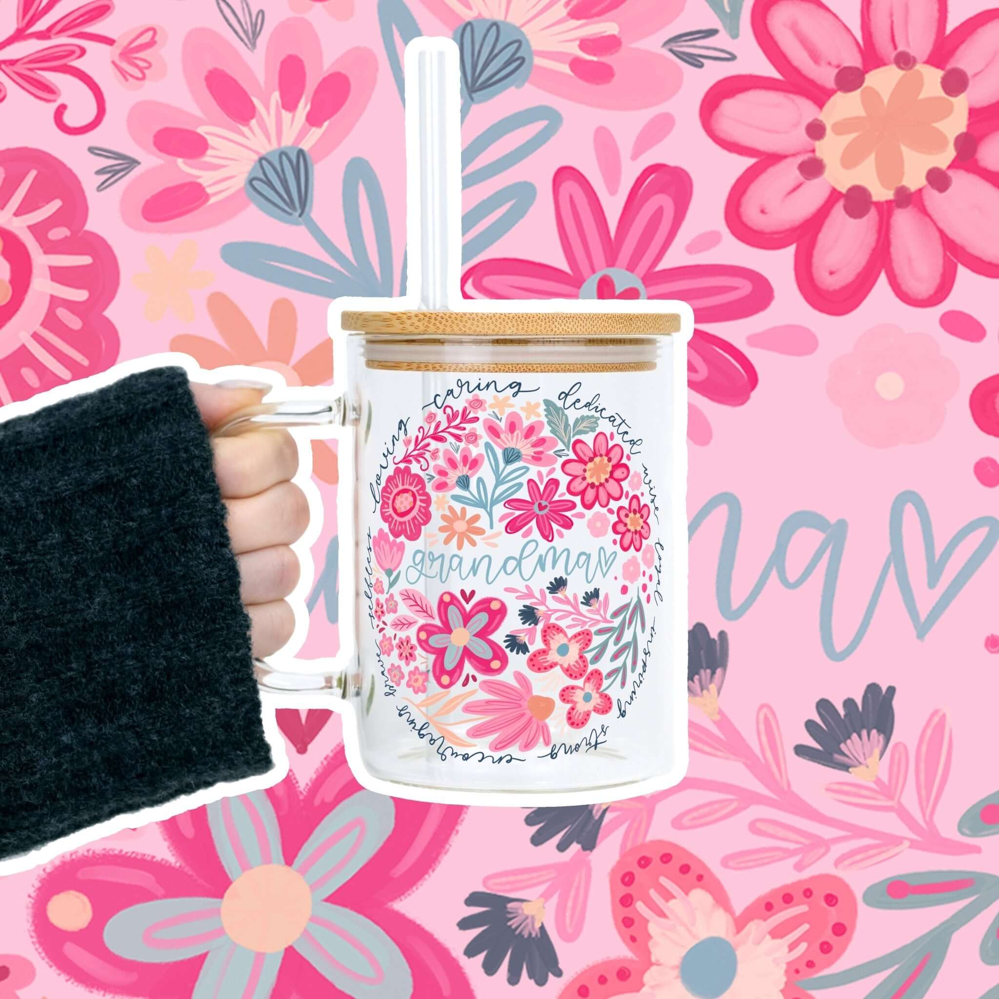 Floral Grandma 17oz Glass Mug With Lid and Straw