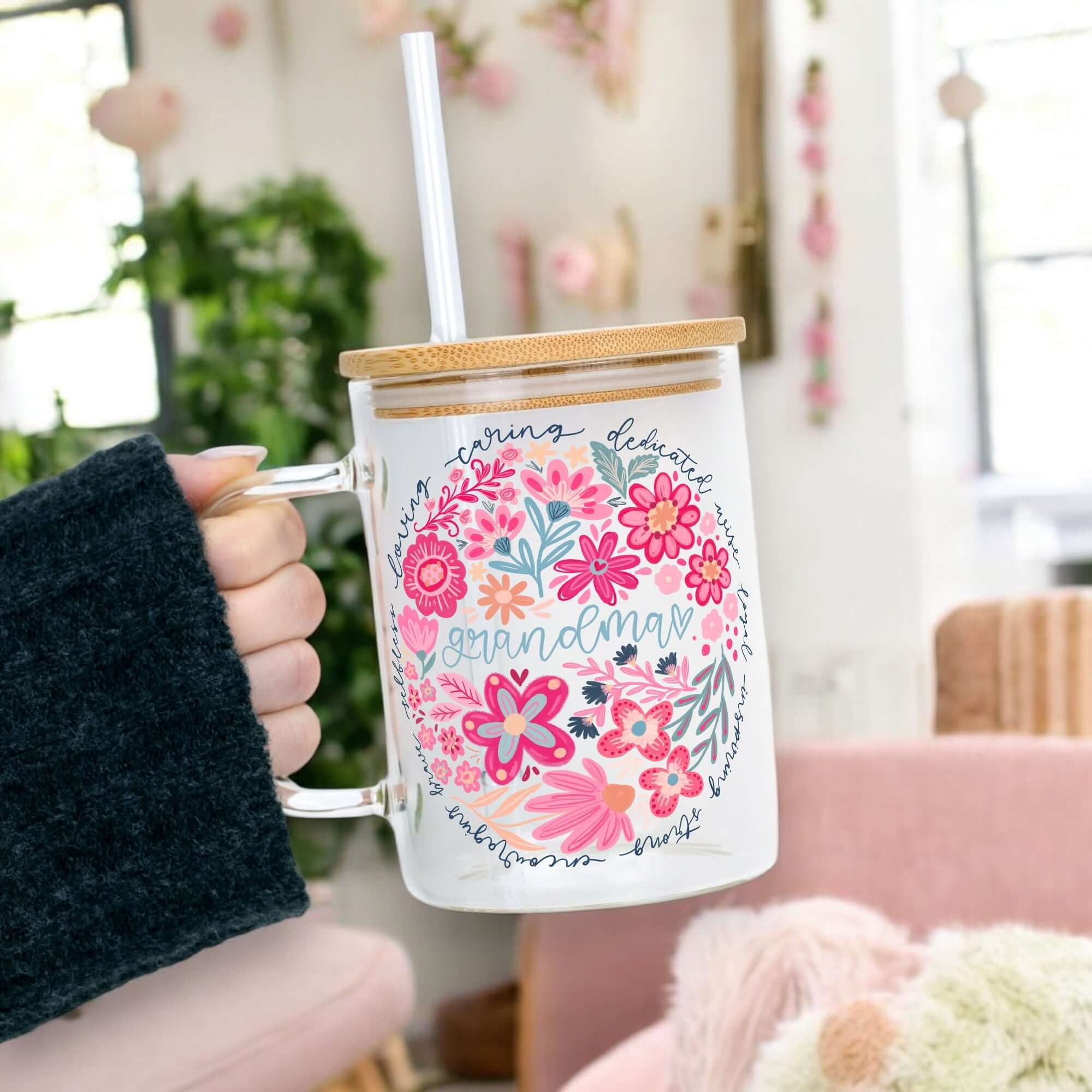 Floral Grandma 17oz Glass Mug With Lid and Straw