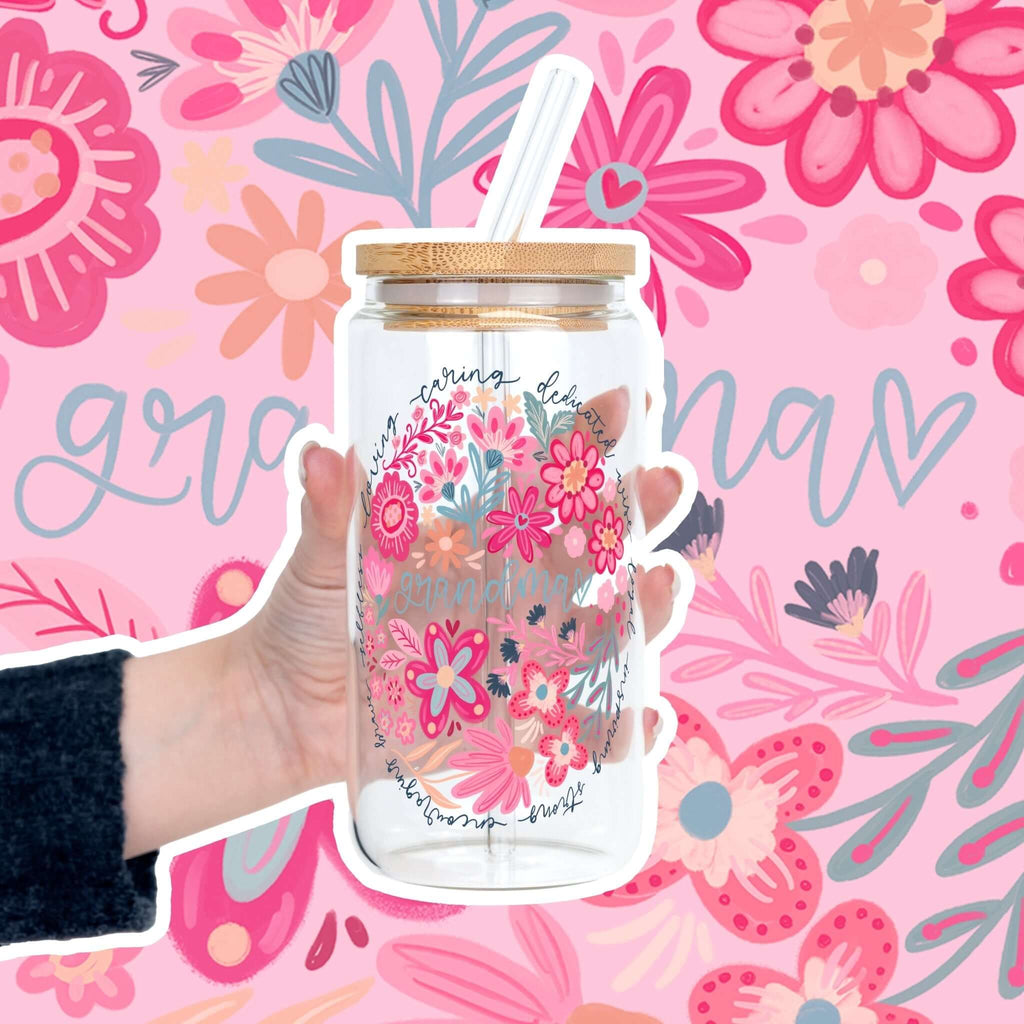 Floral Grandma Cup With Lid And Straw