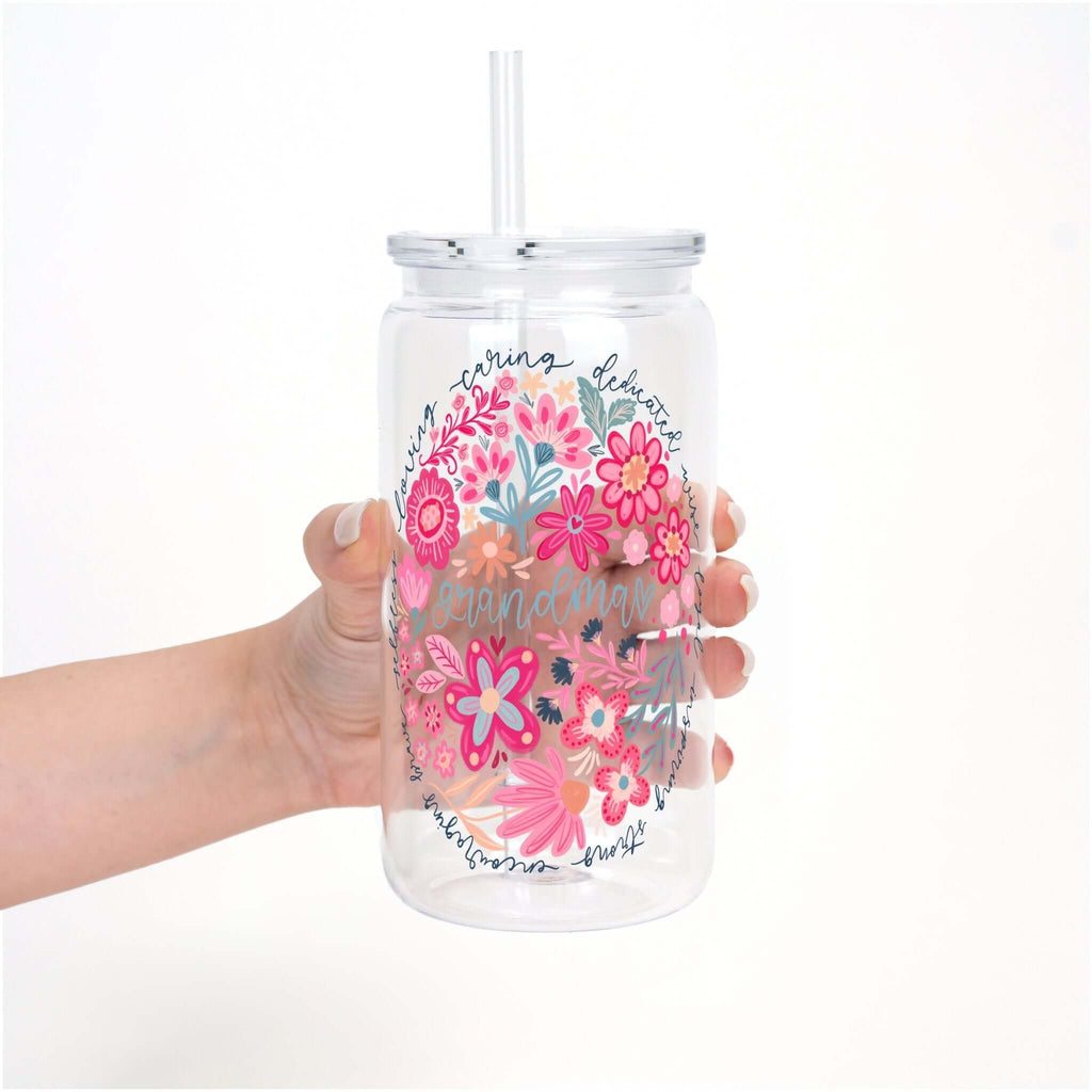Floral Grandma Cup With Lid And Straw