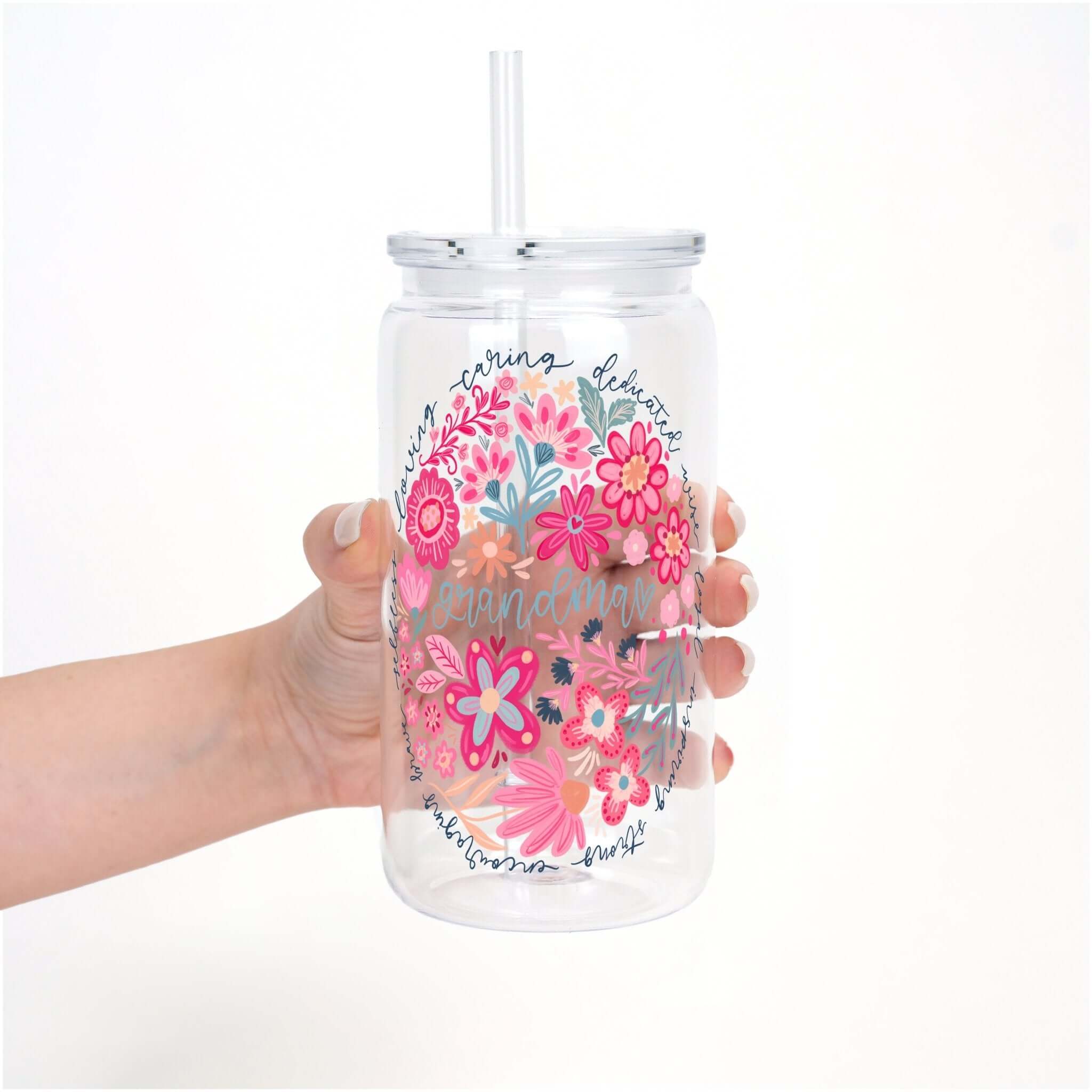 Floral Grandma Cup With Lid And Straw