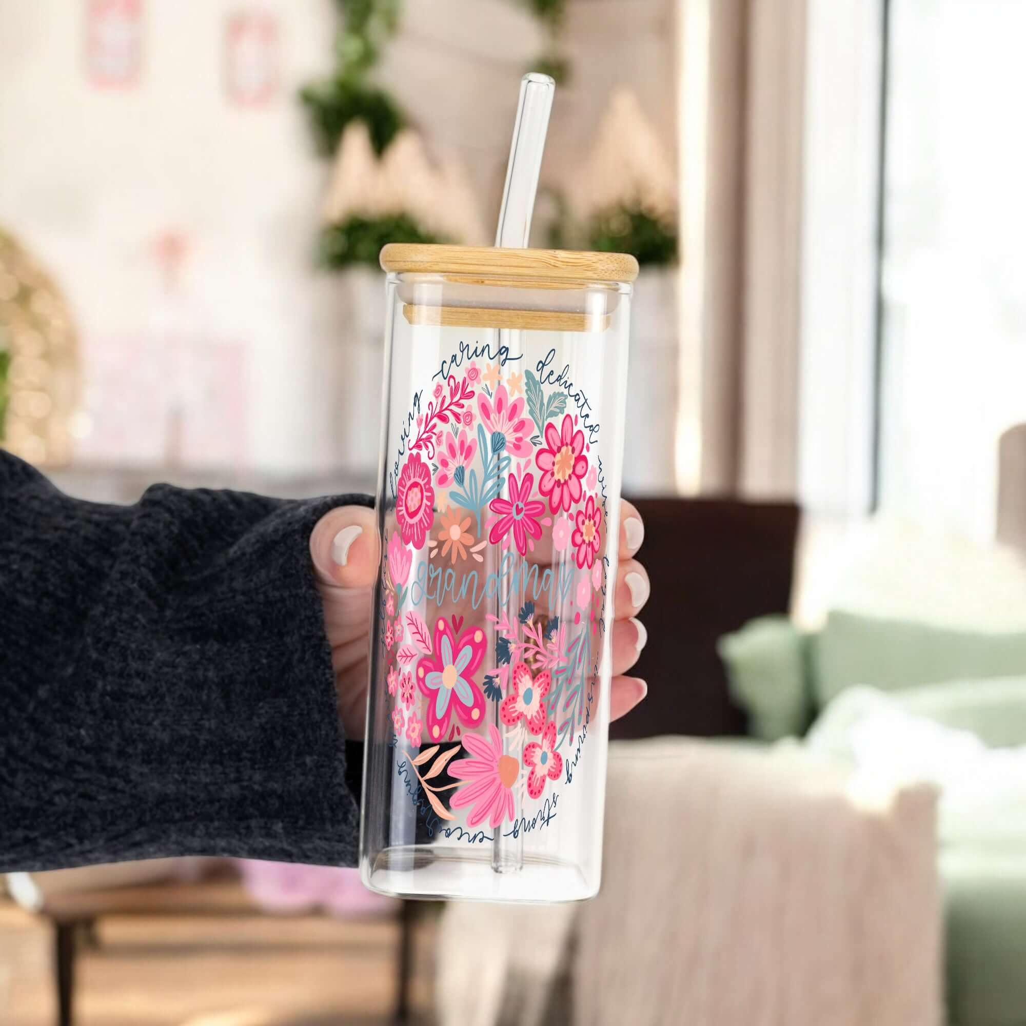 Floral Grandma Cup With Lid And Straw