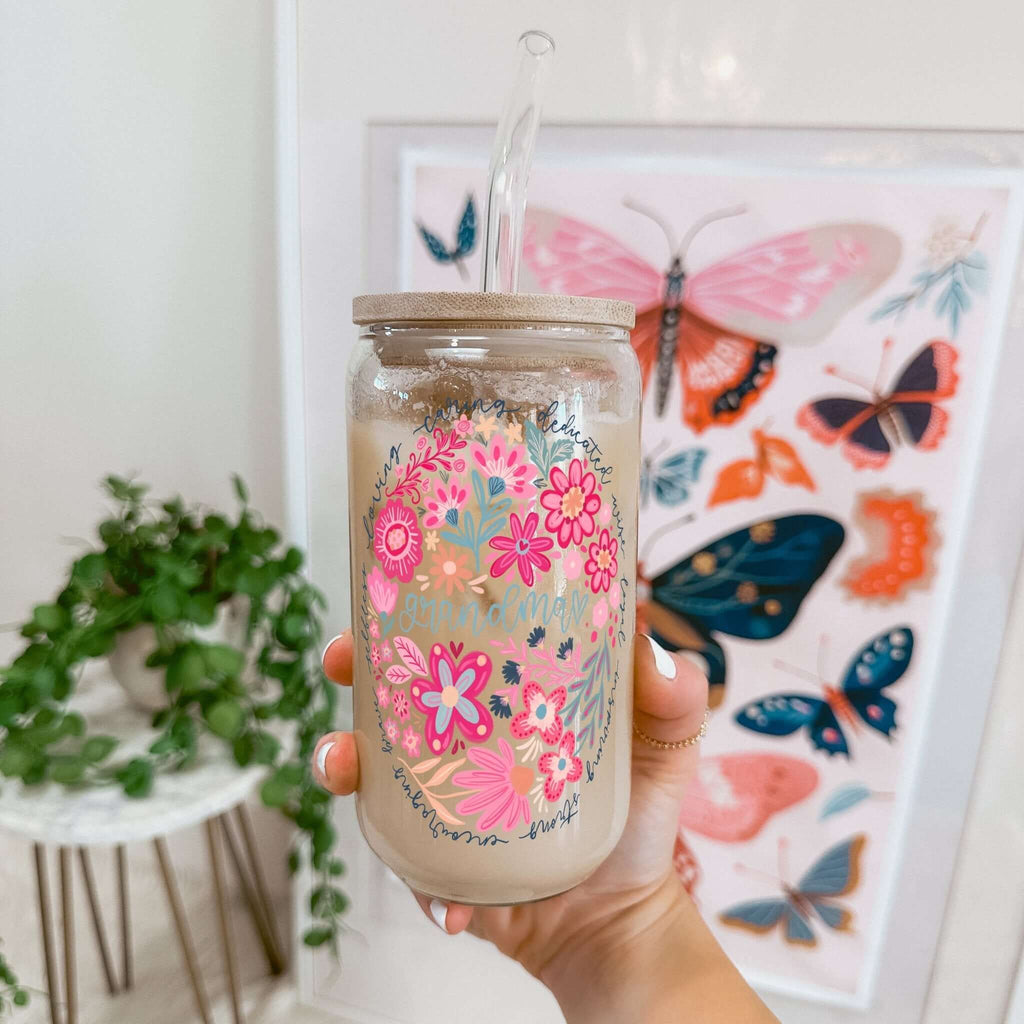 Floral Grandma Cup With Lid And Straw