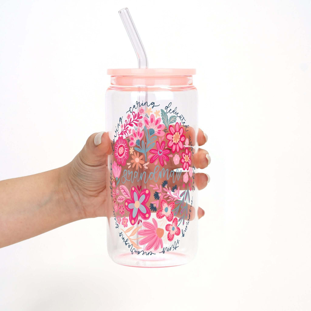 Floral Grandma Cup With Lid And Straw