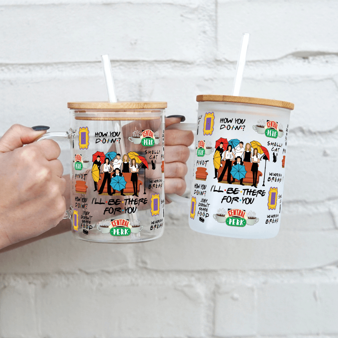 Friends Theme 17oz Glass Mug with Lid and Straw