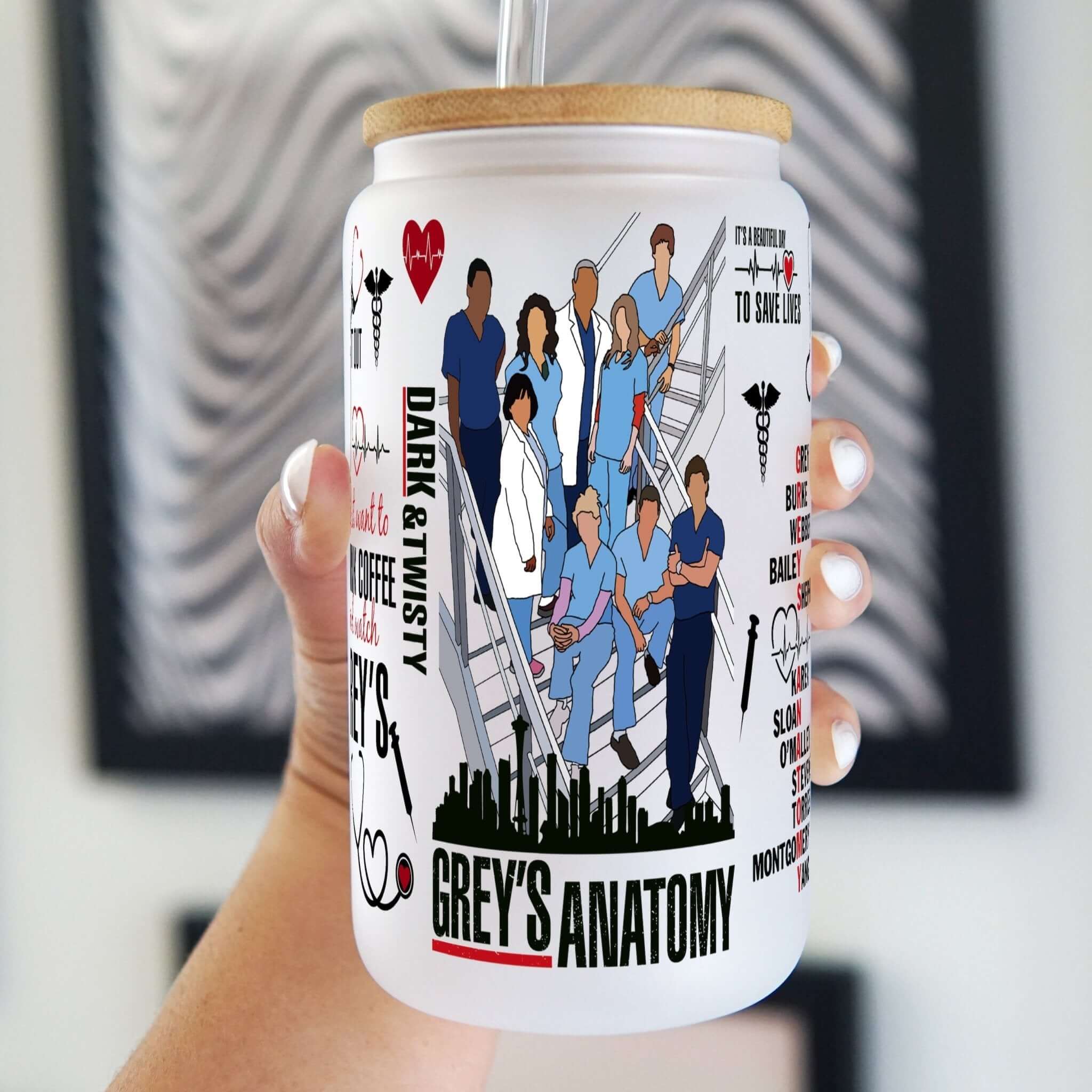 Grey's Themed Cup With Lid and Straw
