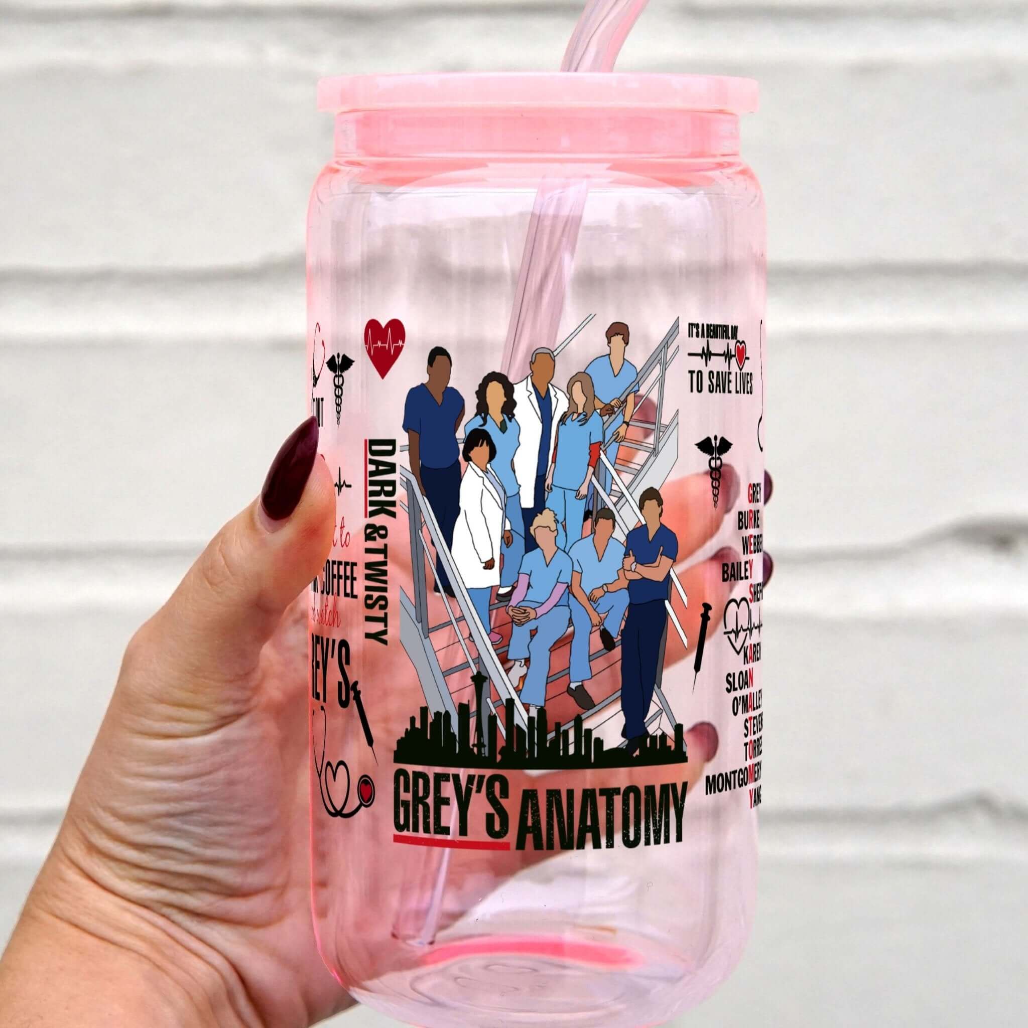 Grey's Themed Cup With Lid and Straw