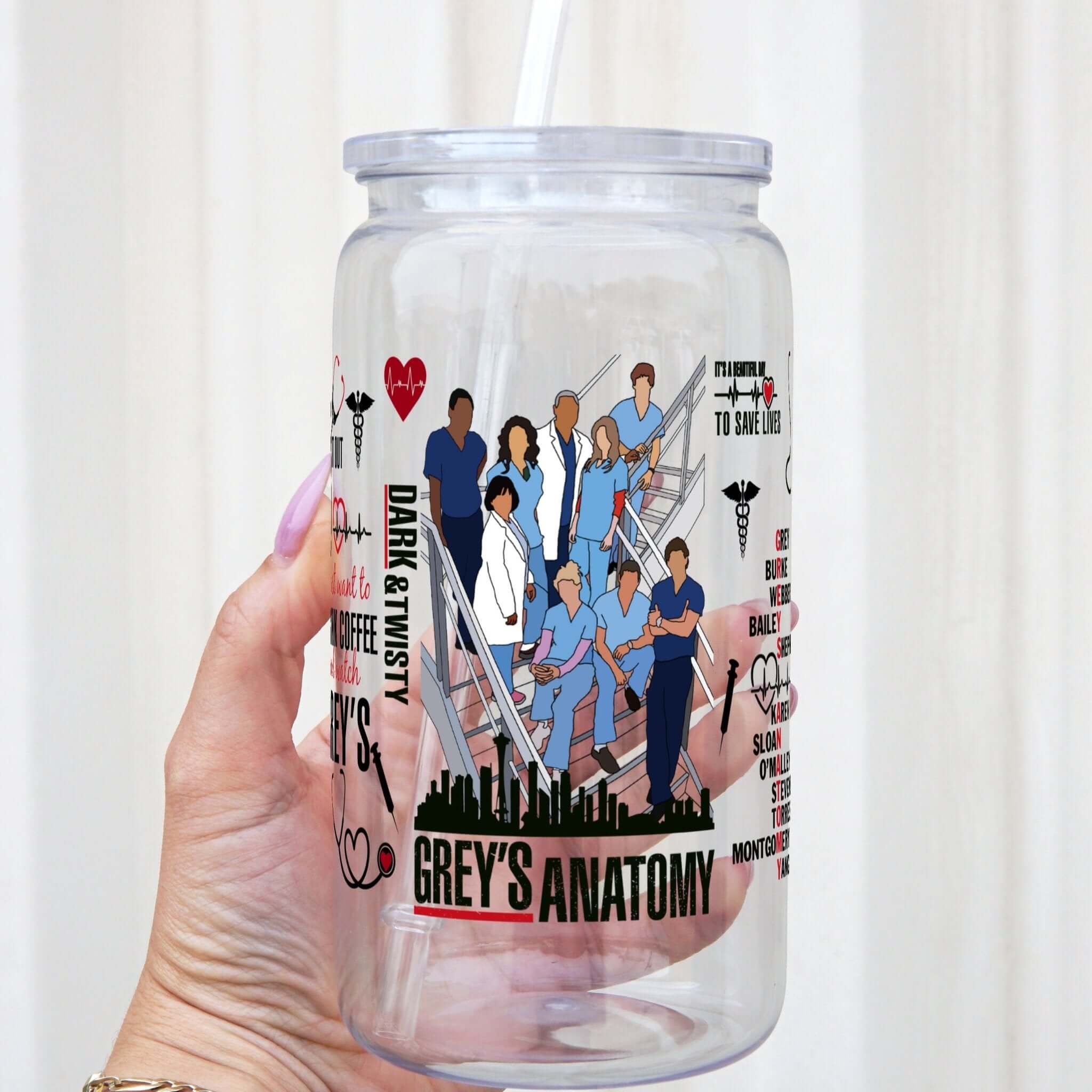 Grey's Themed Cup With Lid and Straw