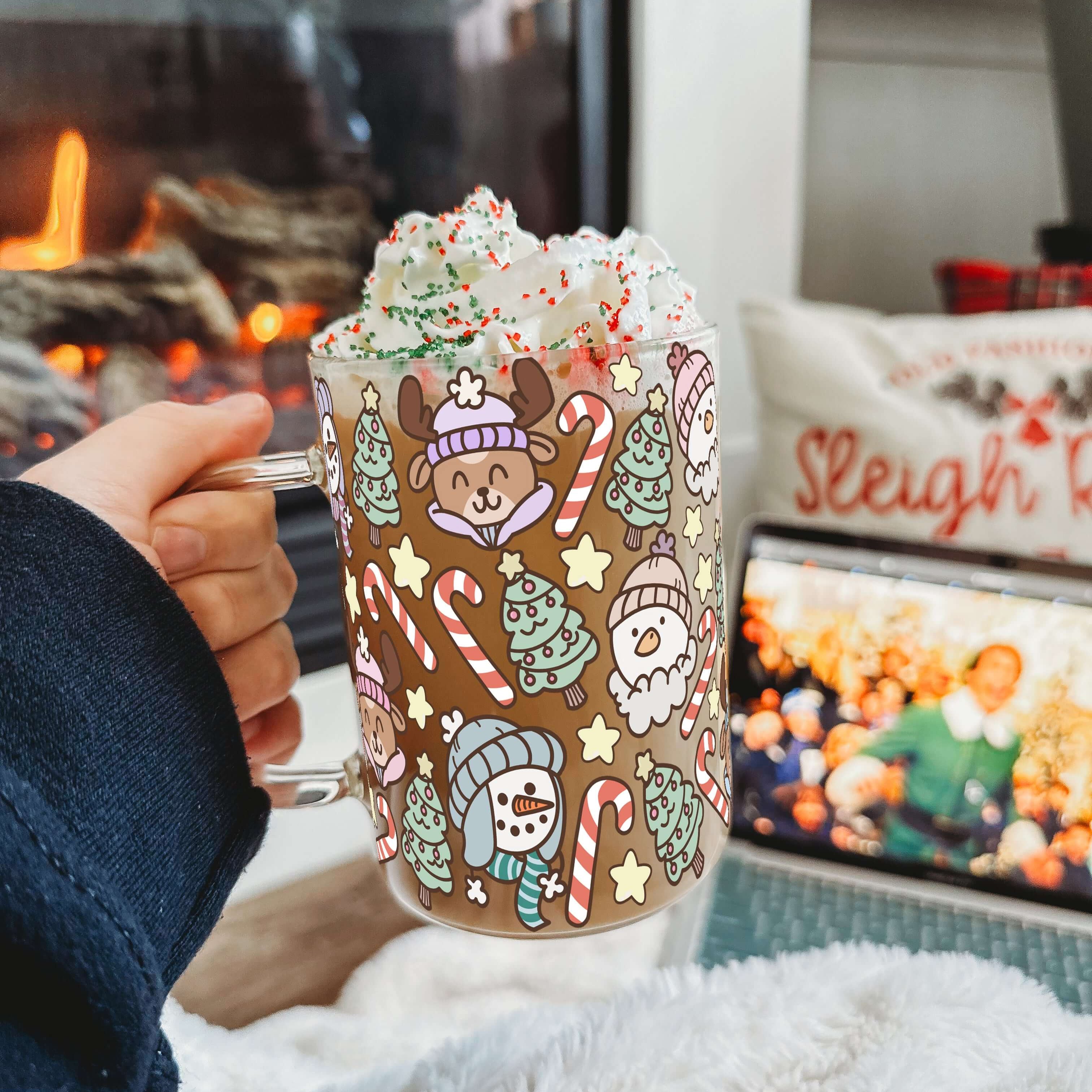Christmas Cuties Clear Glass Mug with Lid & Straw