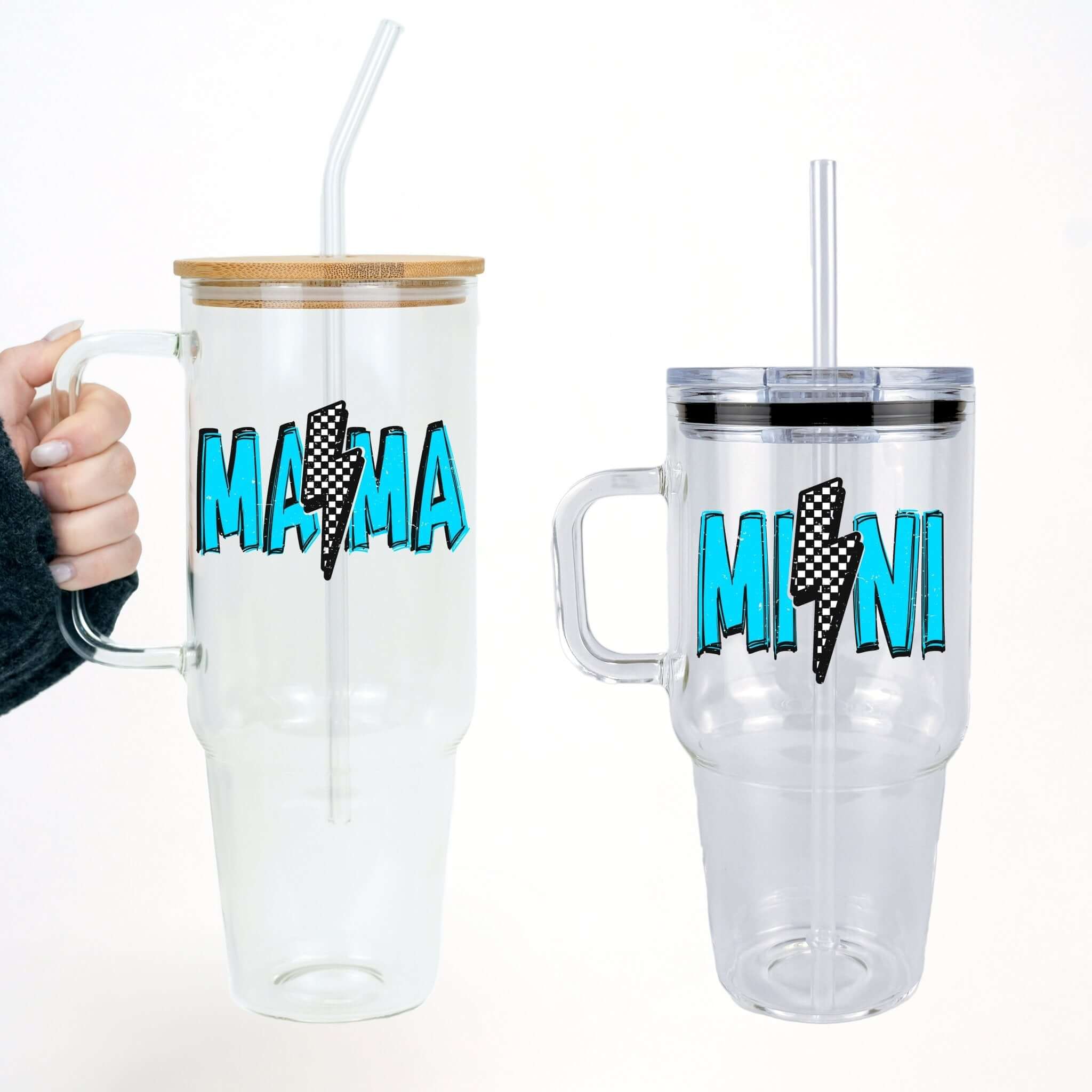 Mama + Mini  Retro Checkered Lightning Bolt Matching Tumblers