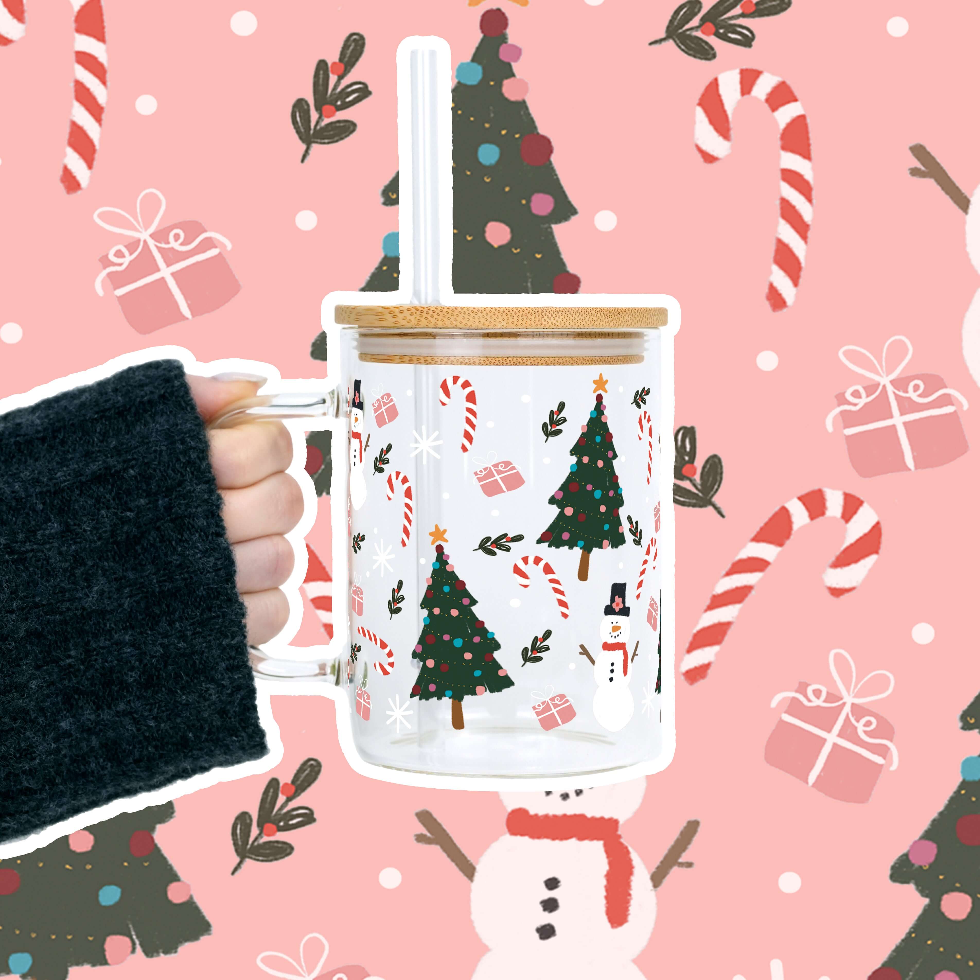 Jolly Little Christmas Clear Glass Mug with Lid & Straw