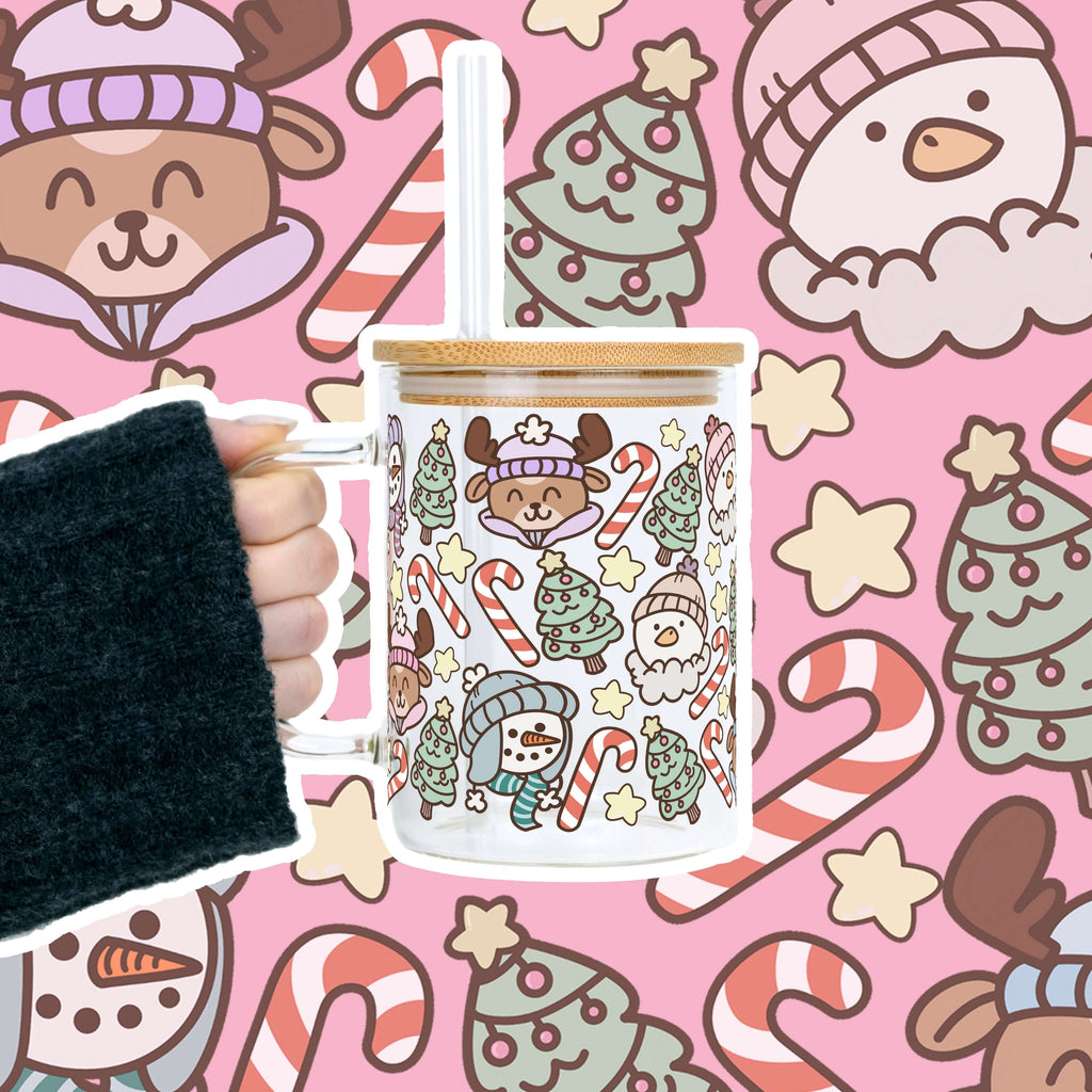 Christmas Cuties Clear Glass Mug with Lid & Straw