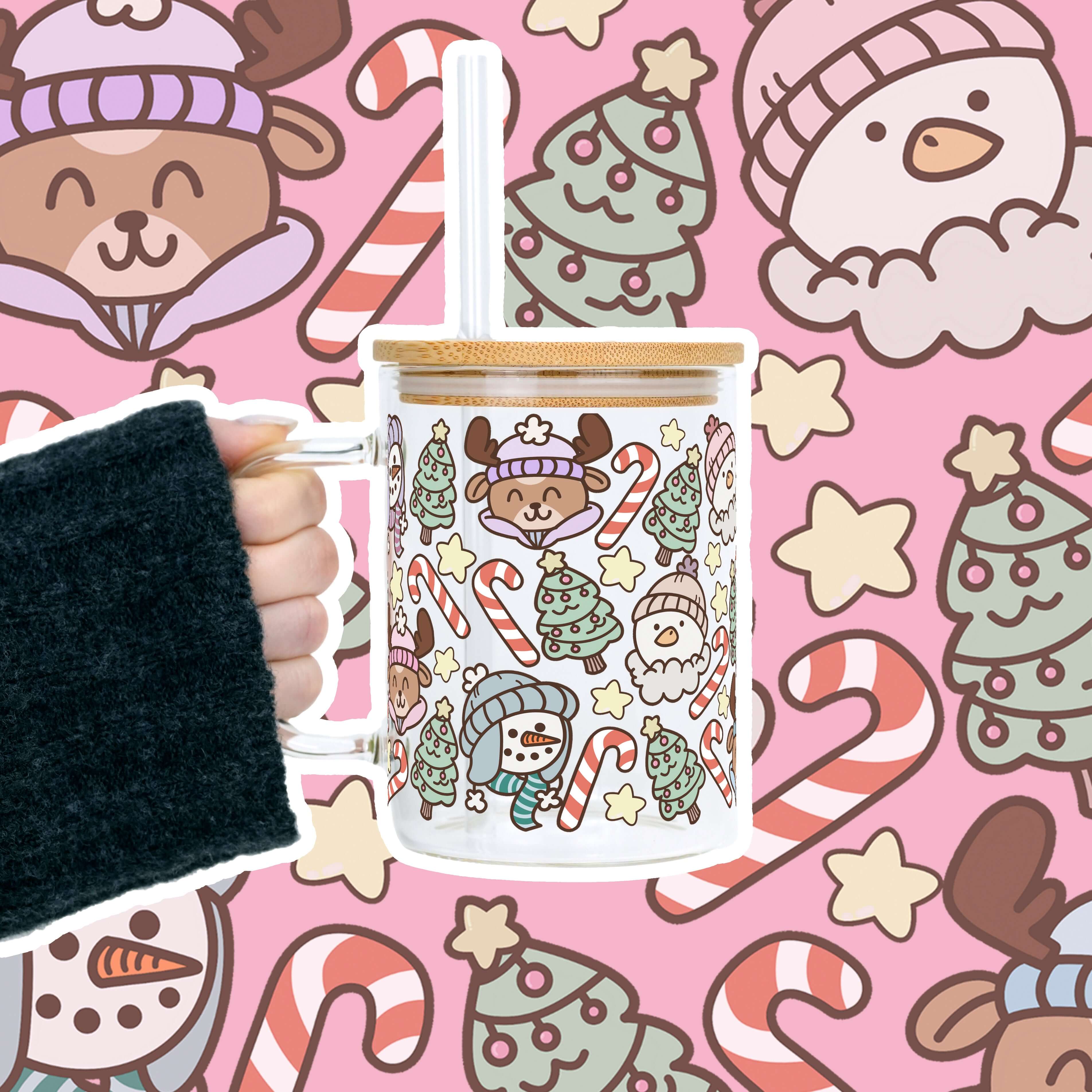 Christmas Cuties Clear Glass Mug with Lid & Straw