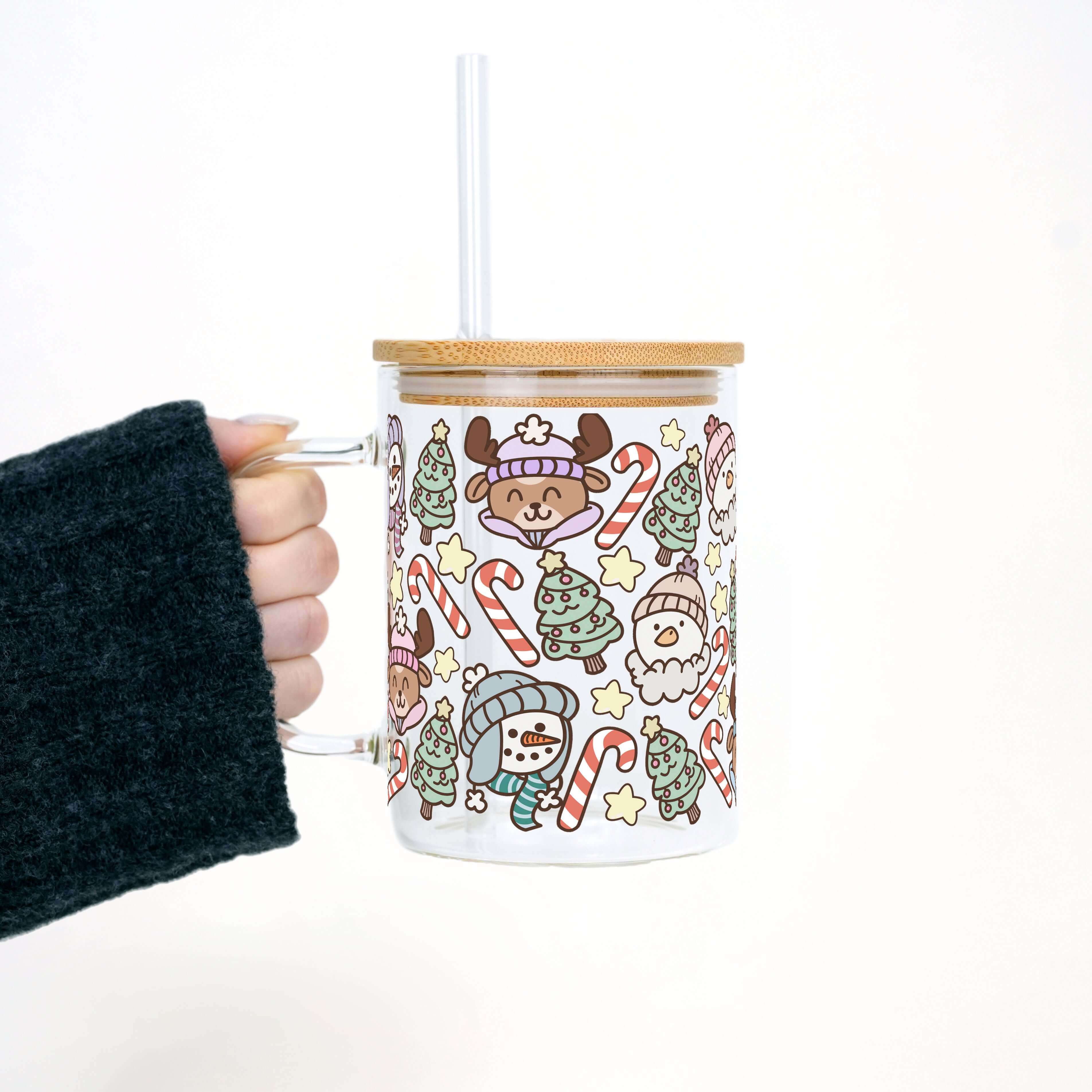 Christmas Cuties Clear Glass Mug with Lid & Straw