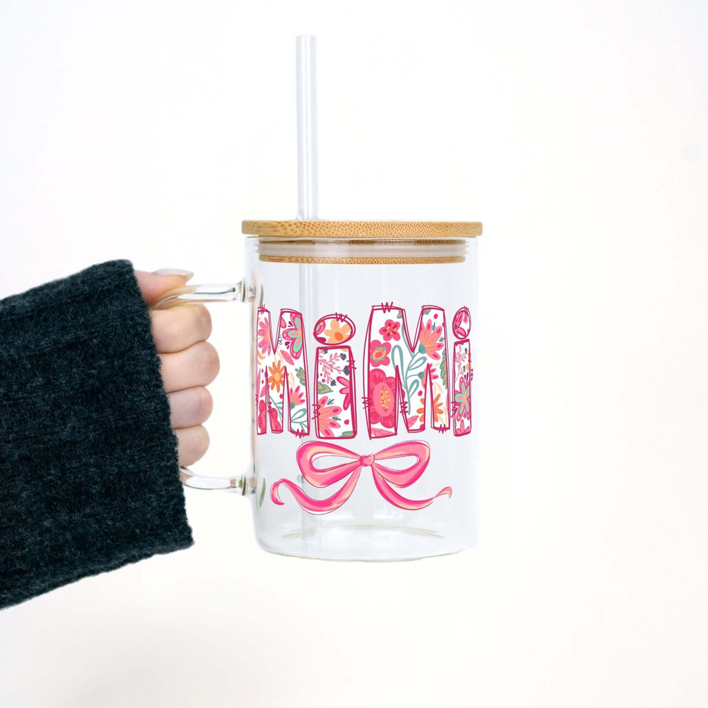 Pink Mimi, Gigi, or Nana 17oz Glass Mug With Lid and Straw