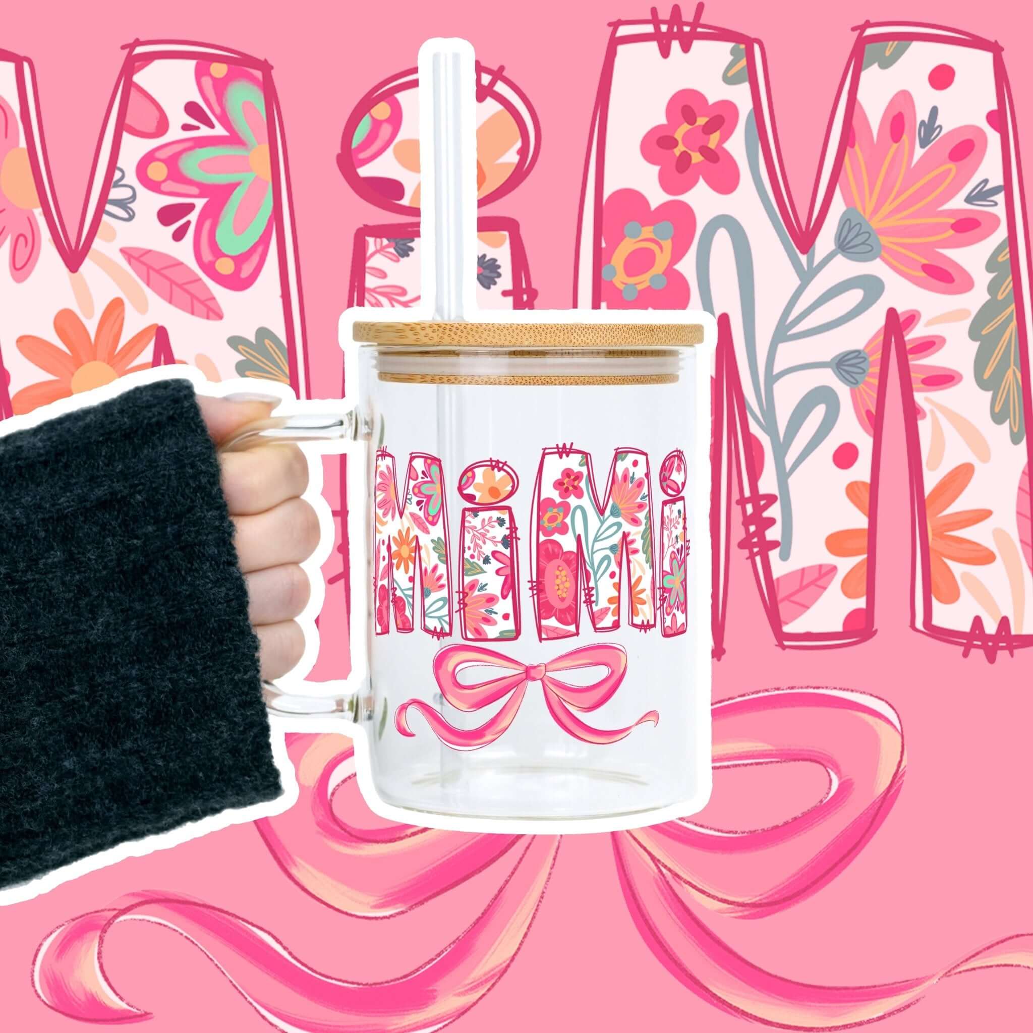 Pink Mimi, Gigi, or Nana 17oz Glass Mug With Lid and Straw