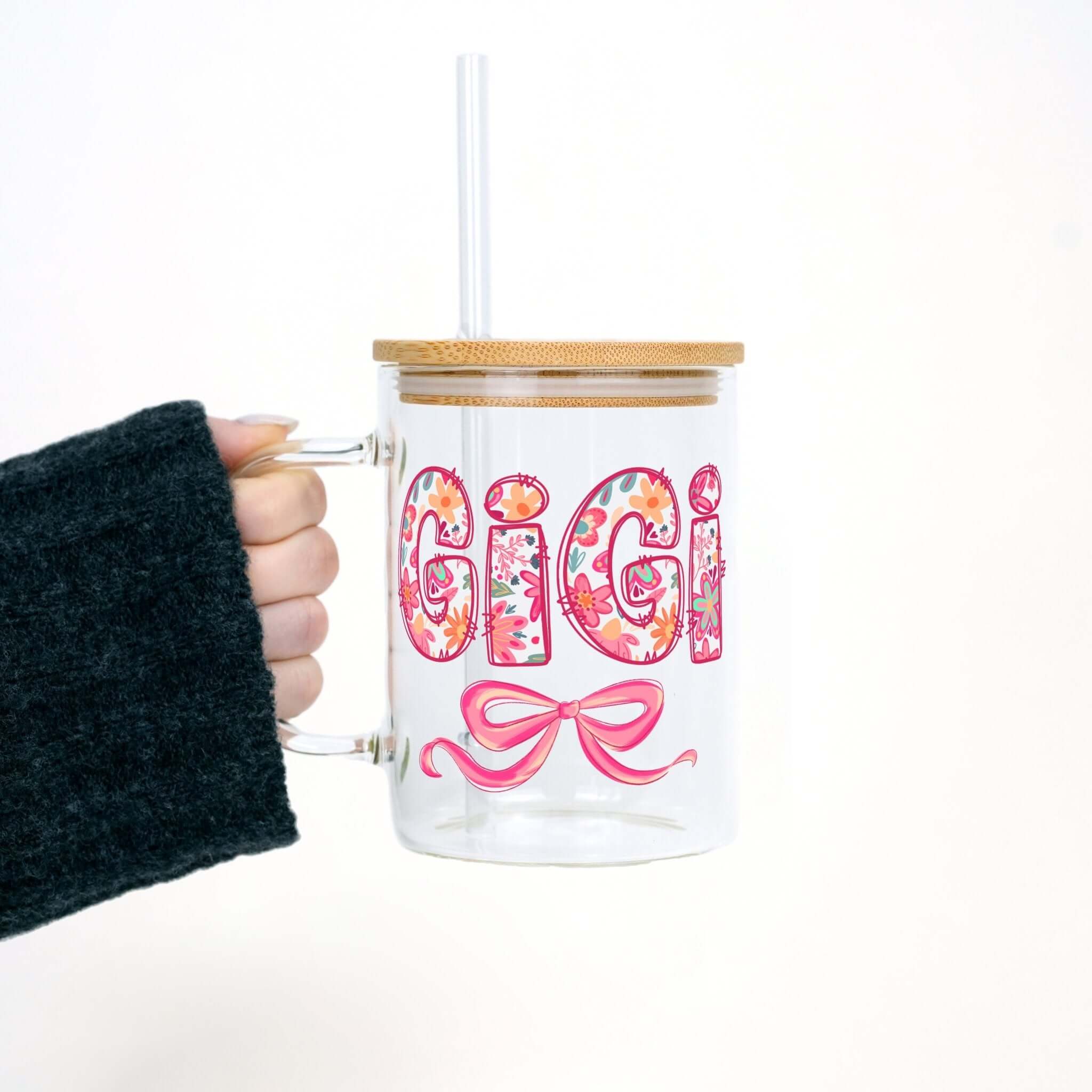 Pink Mimi, Gigi, or Nana 17oz Glass Mug With Lid and Straw