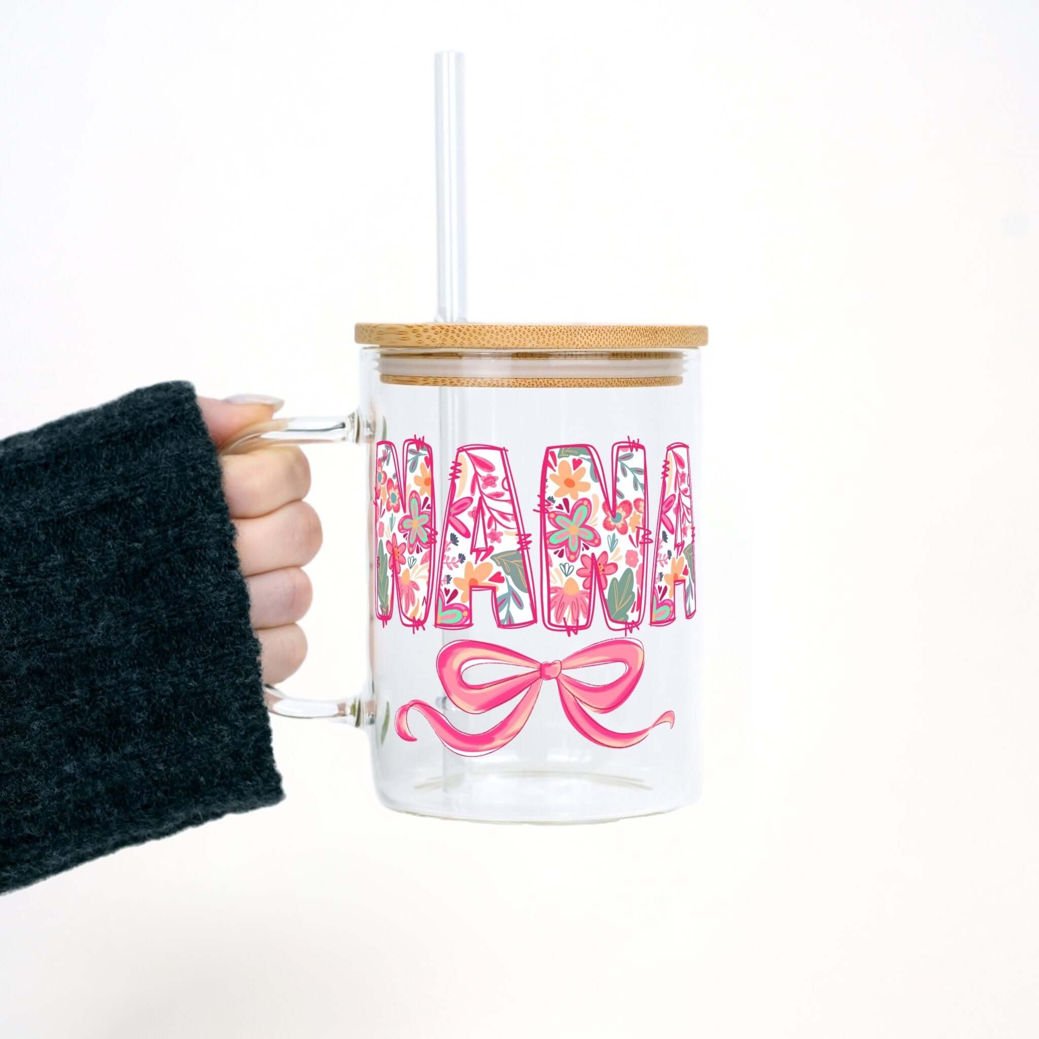 Pink Mimi, Gigi, or Nana 17oz Glass Mug With Lid and Straw
