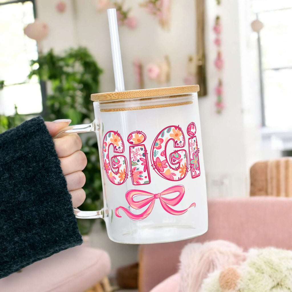 Pink Mimi, Gigi, or Nana 17oz Glass Mug With Lid and Straw