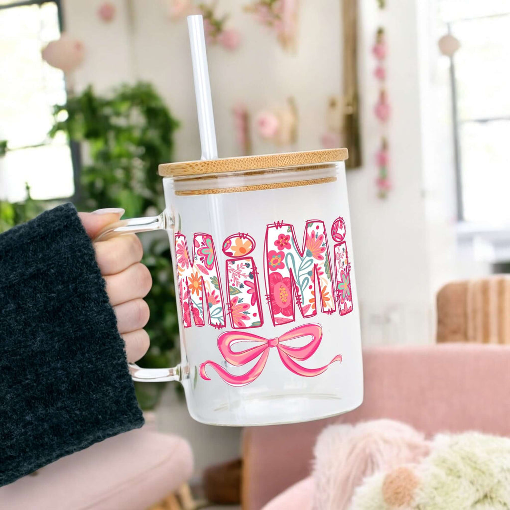 Pink Mimi, Gigi, or Nana 17oz Glass Mug With Lid and Straw