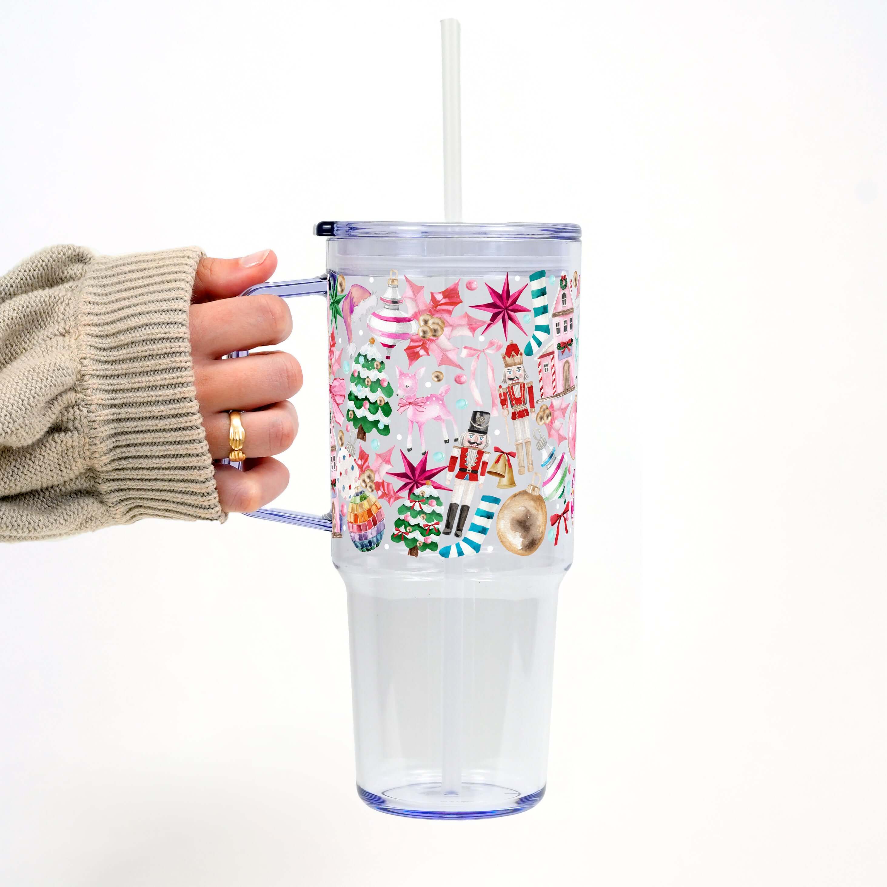 Whimsical Christmas Tumbler with Handle Lid & Straw