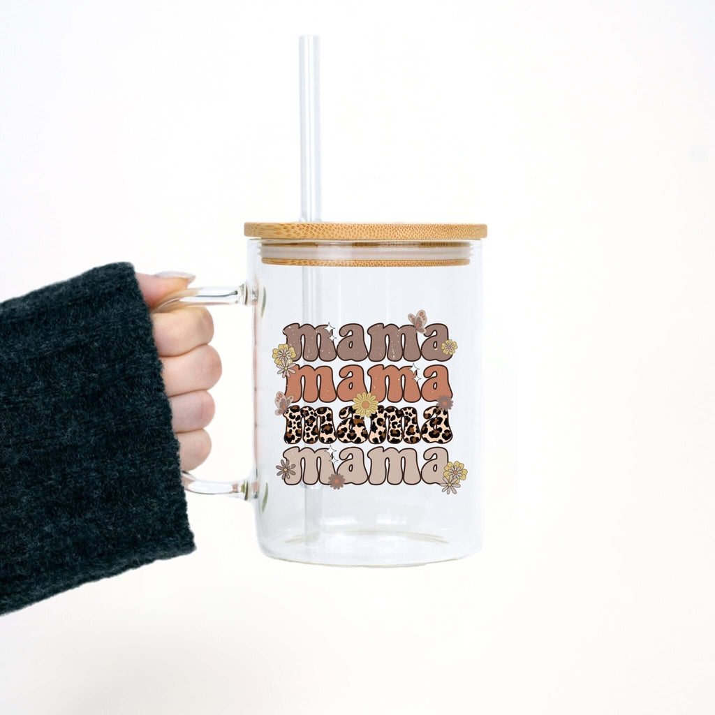 Retro Leopard Mama 17oz Glass Mug With Lid and Straw