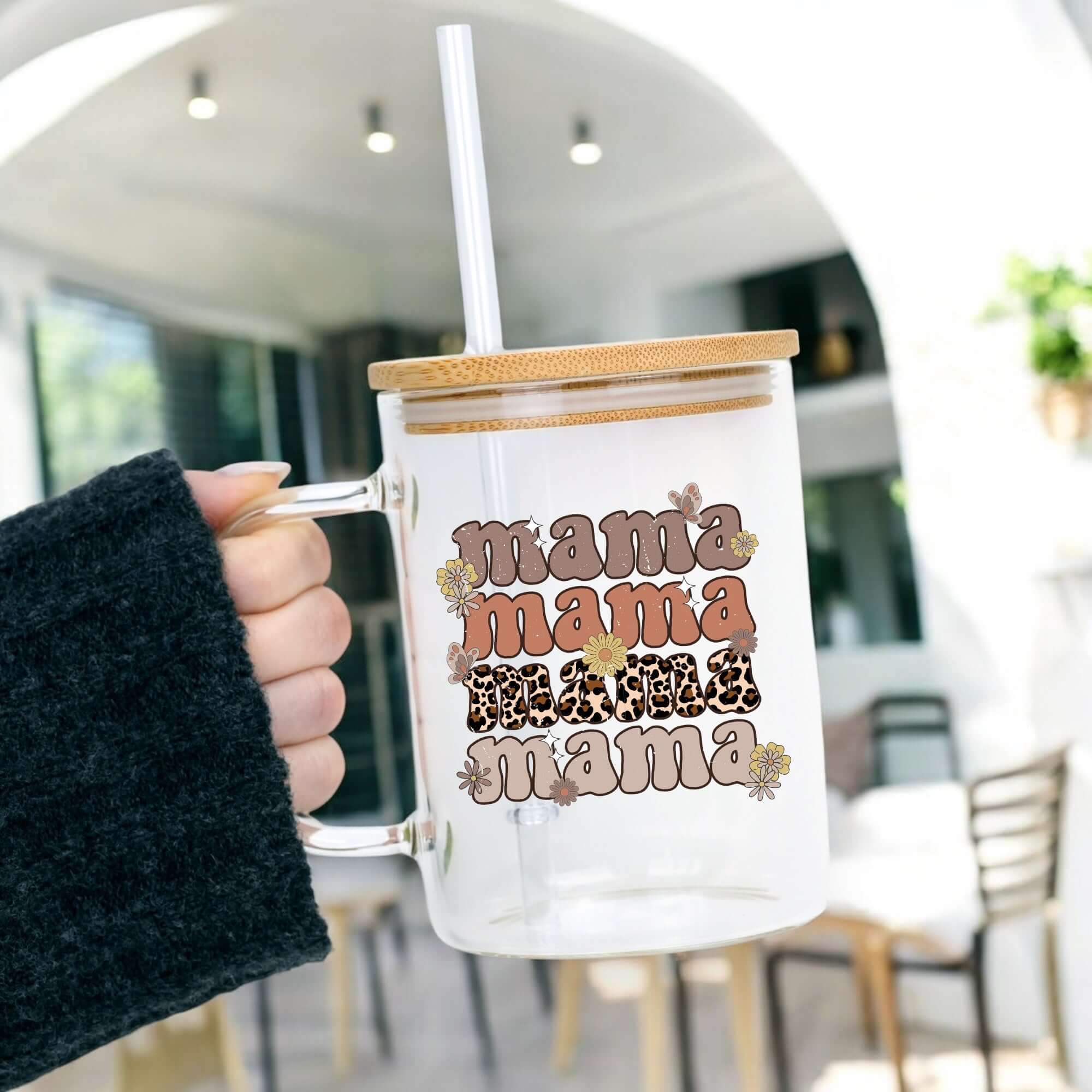 Retro Leopard Mama 17oz Glass Mug With Lid and Straw