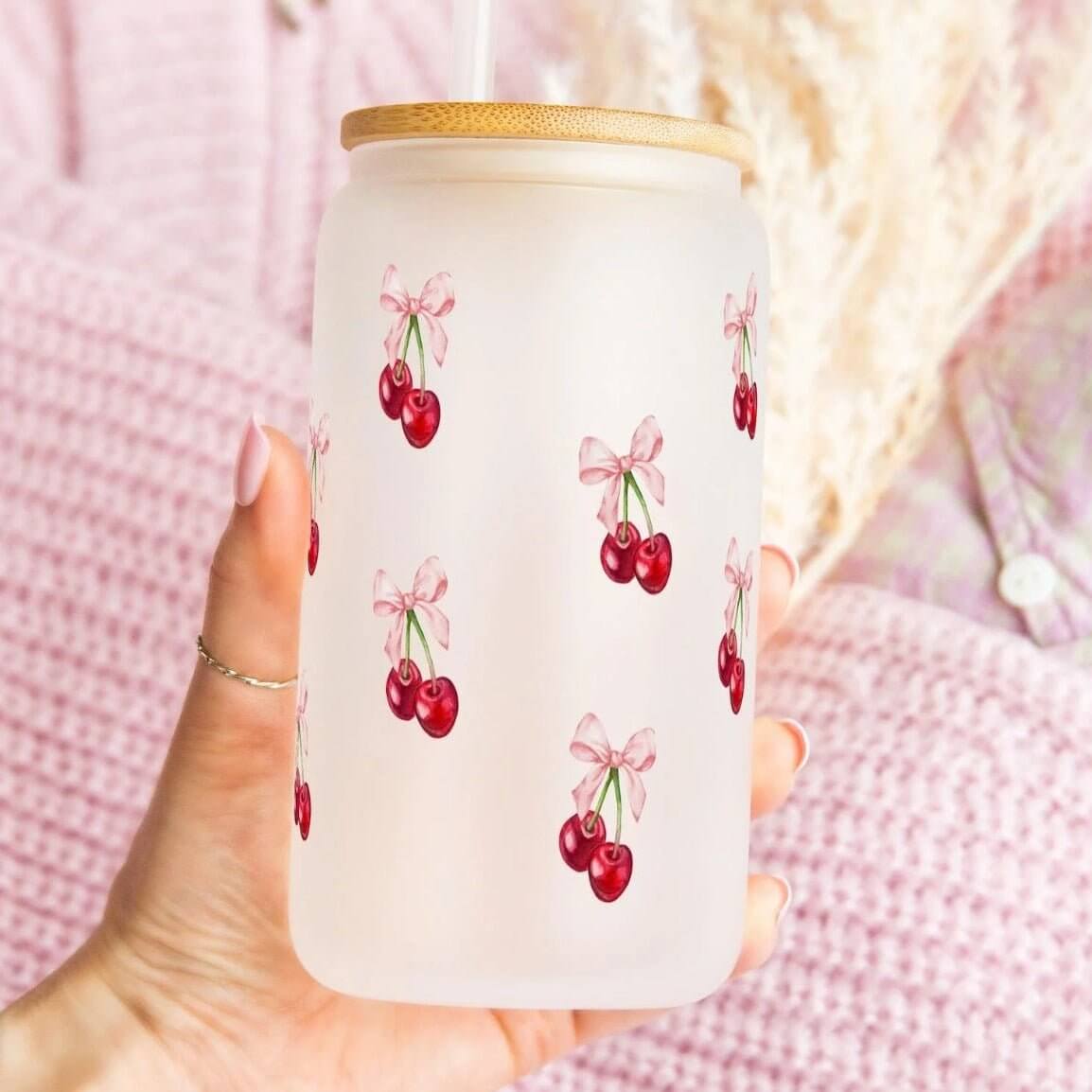 Vintage Cherry Bows Cup With Lid and Straw