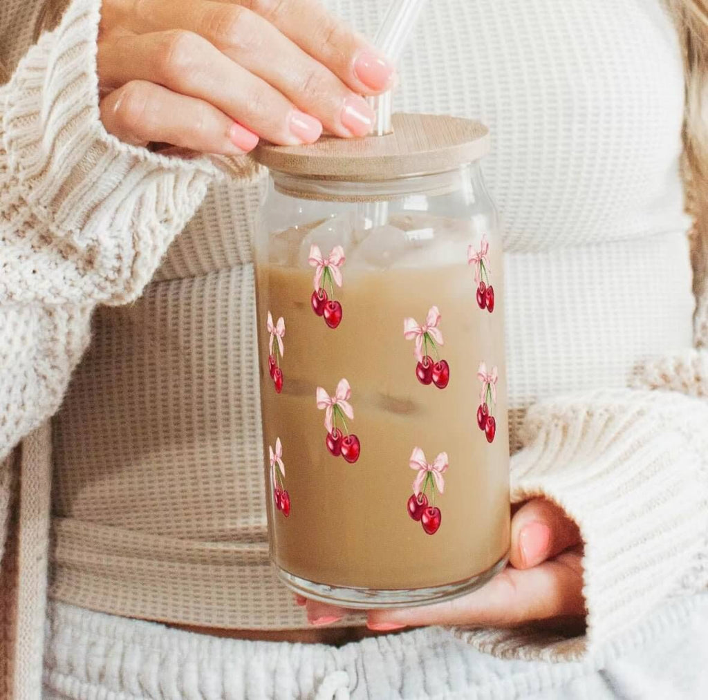 Vintage Cherry Bows Cup With Lid and Straw