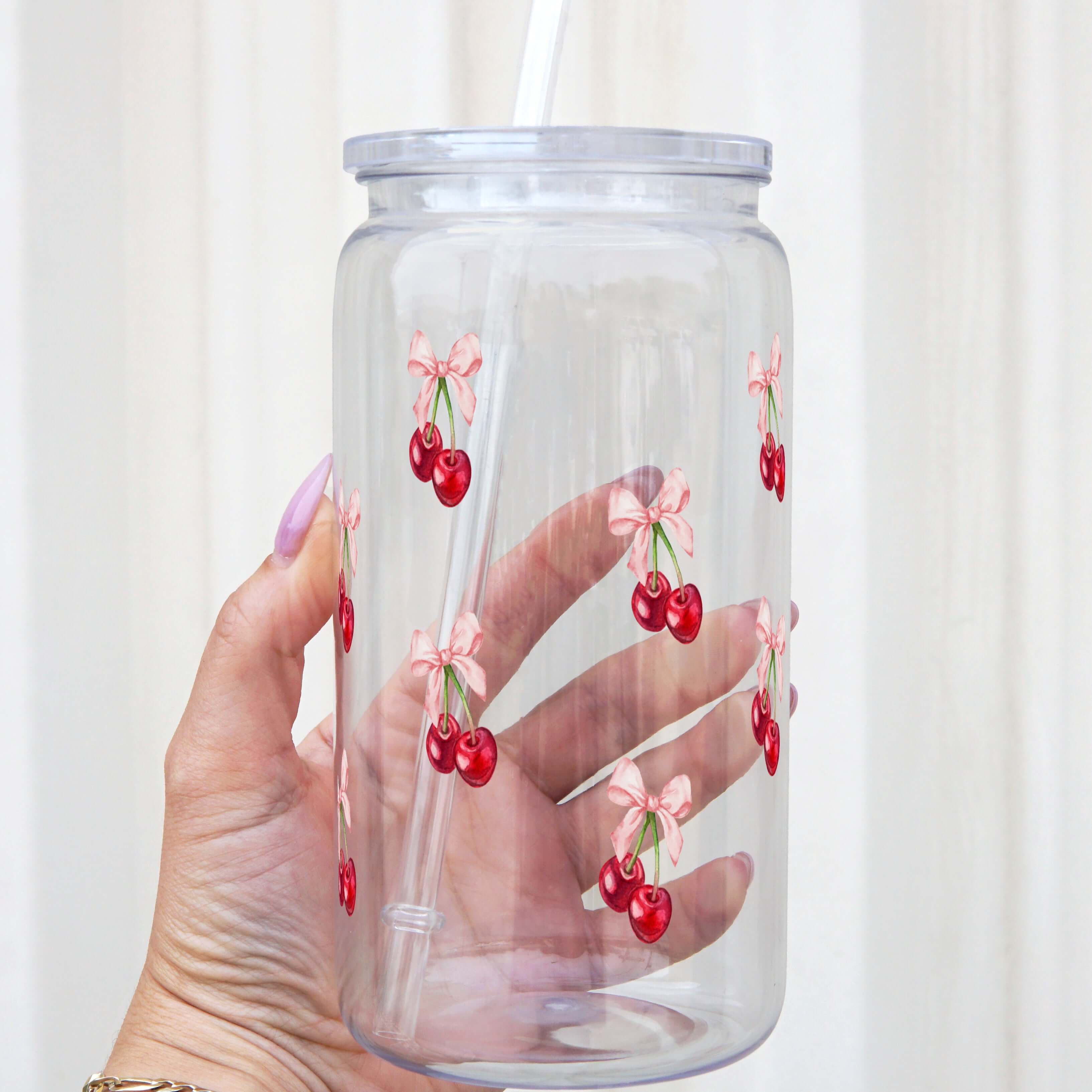 Vintage Cherry Bows Cup With Lid and Straw